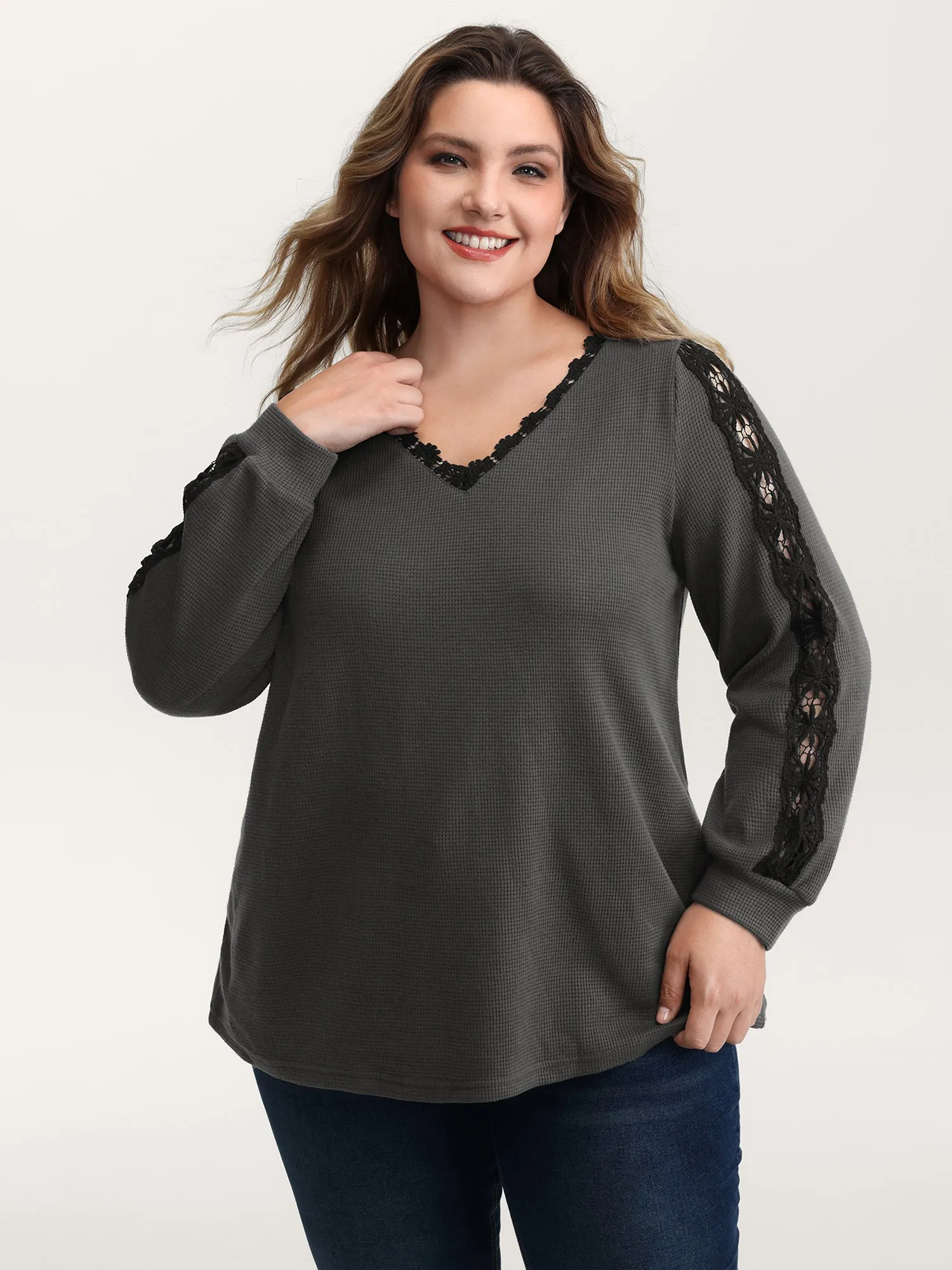 Lace Trim Textured V-Neck T-Shirt sold by Bloomchic