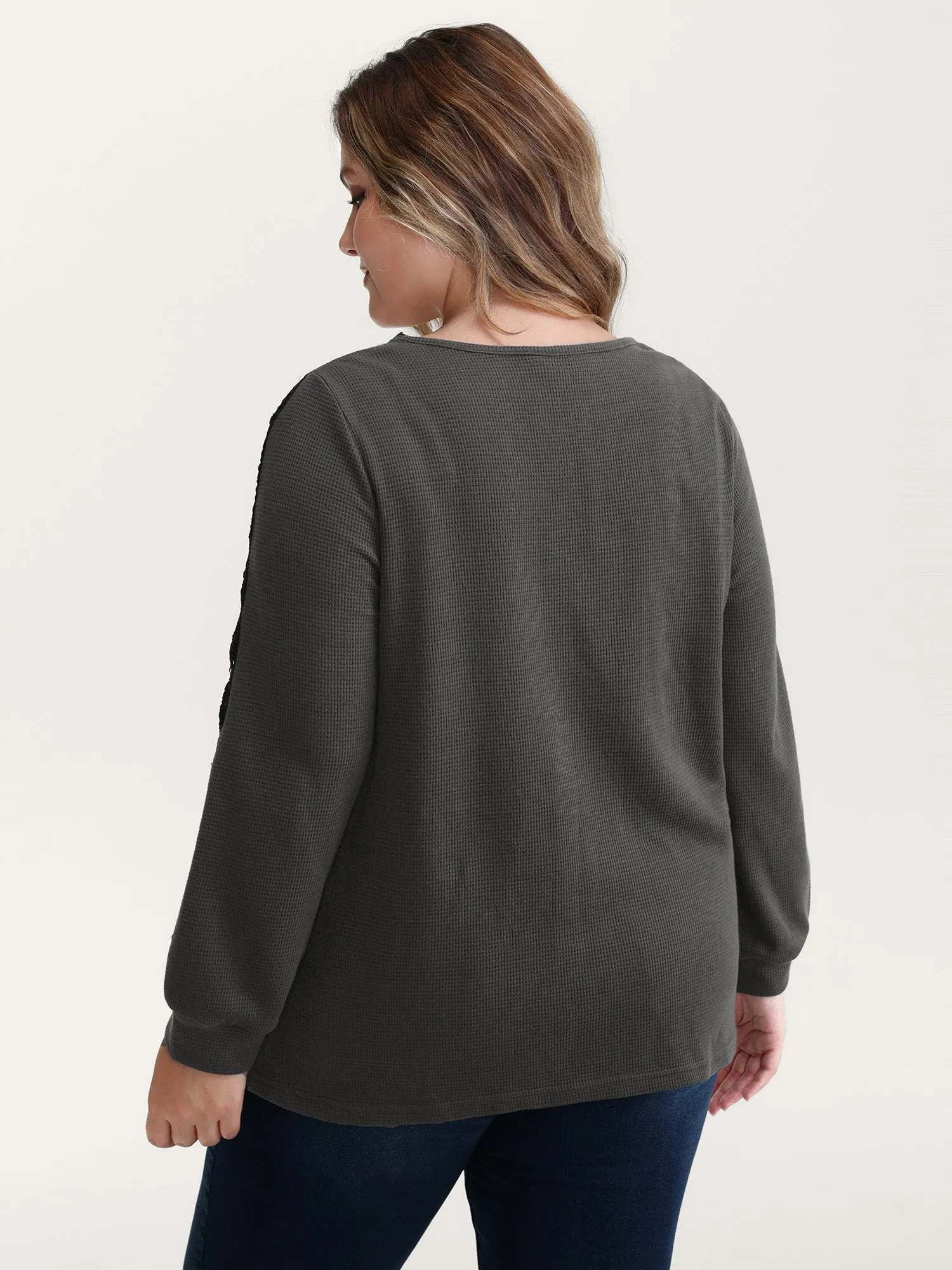 Lace Trim Textured V-Neck T-Shirt sold by Bloomchic product image thumbnail 4