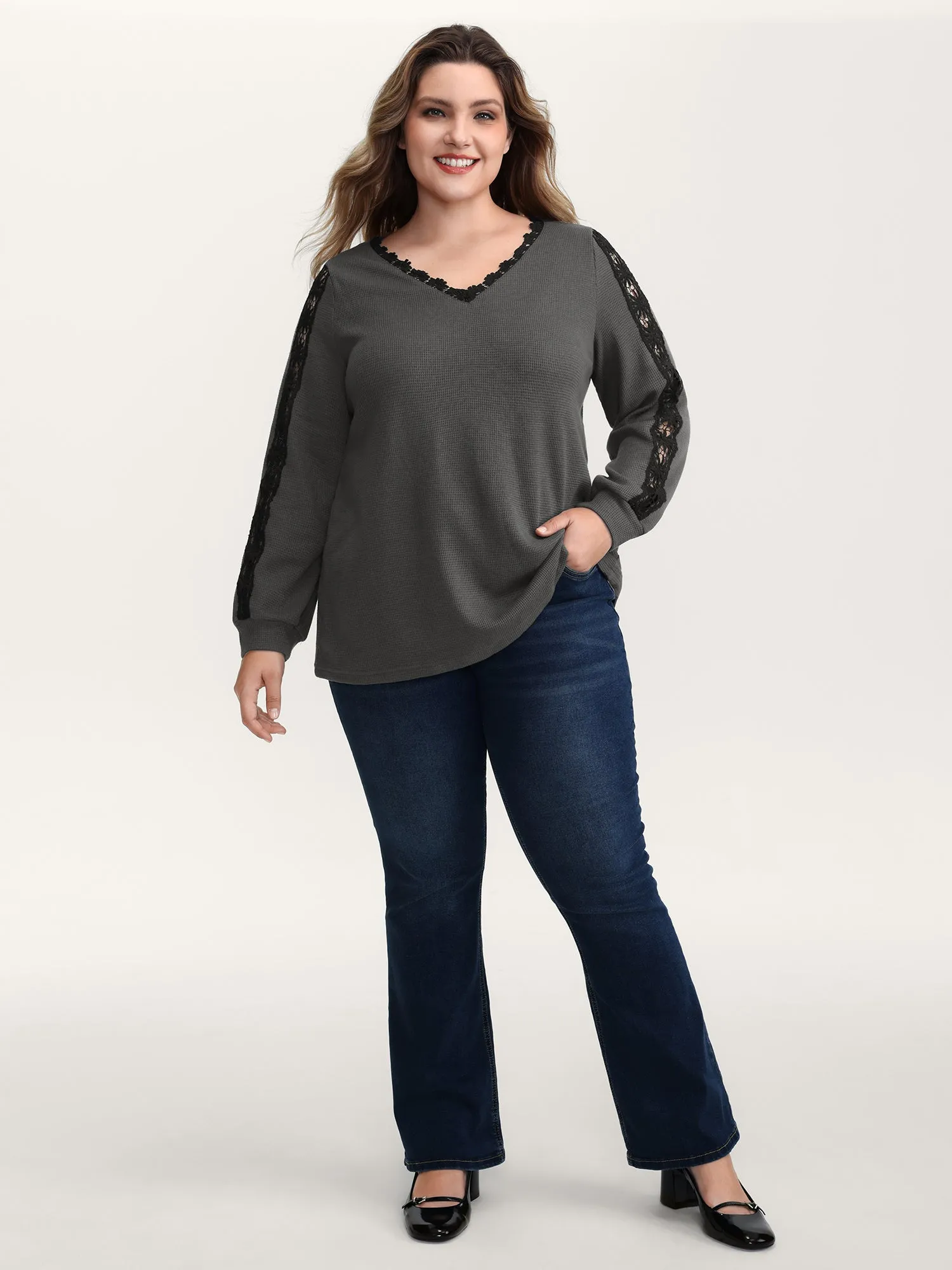 Lace Trim Textured V-Neck T-Shirt sold by Bloomchic product image thumbnail 3