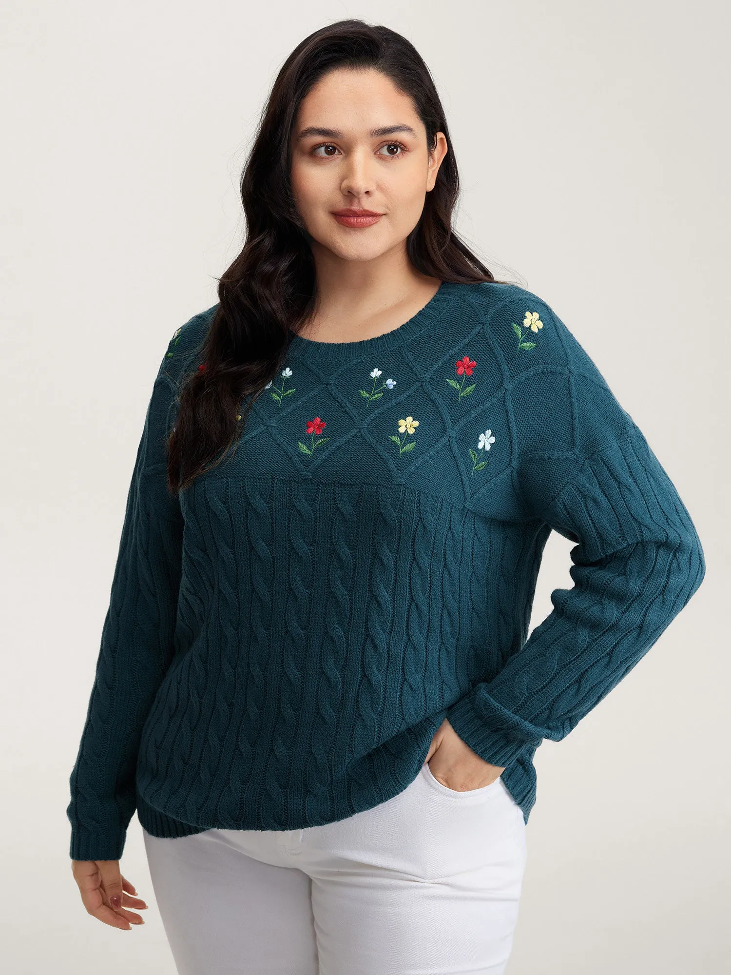 Floral Embroidered Cable Knit Pullover sold by Bloomchic