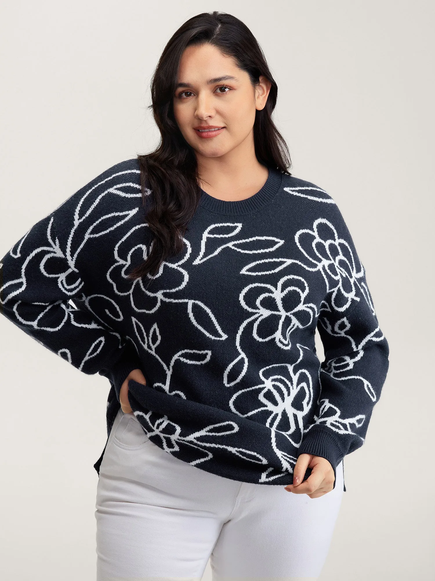 Supersoft Round Neck Floral Split Hem Pullover sold by Bloomchic product image thumbnail 2