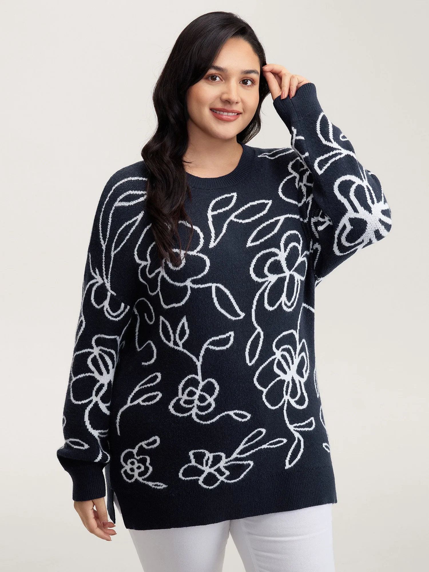 Supersoft Round Neck Floral Split Hem Pullover sold by Bloomchic