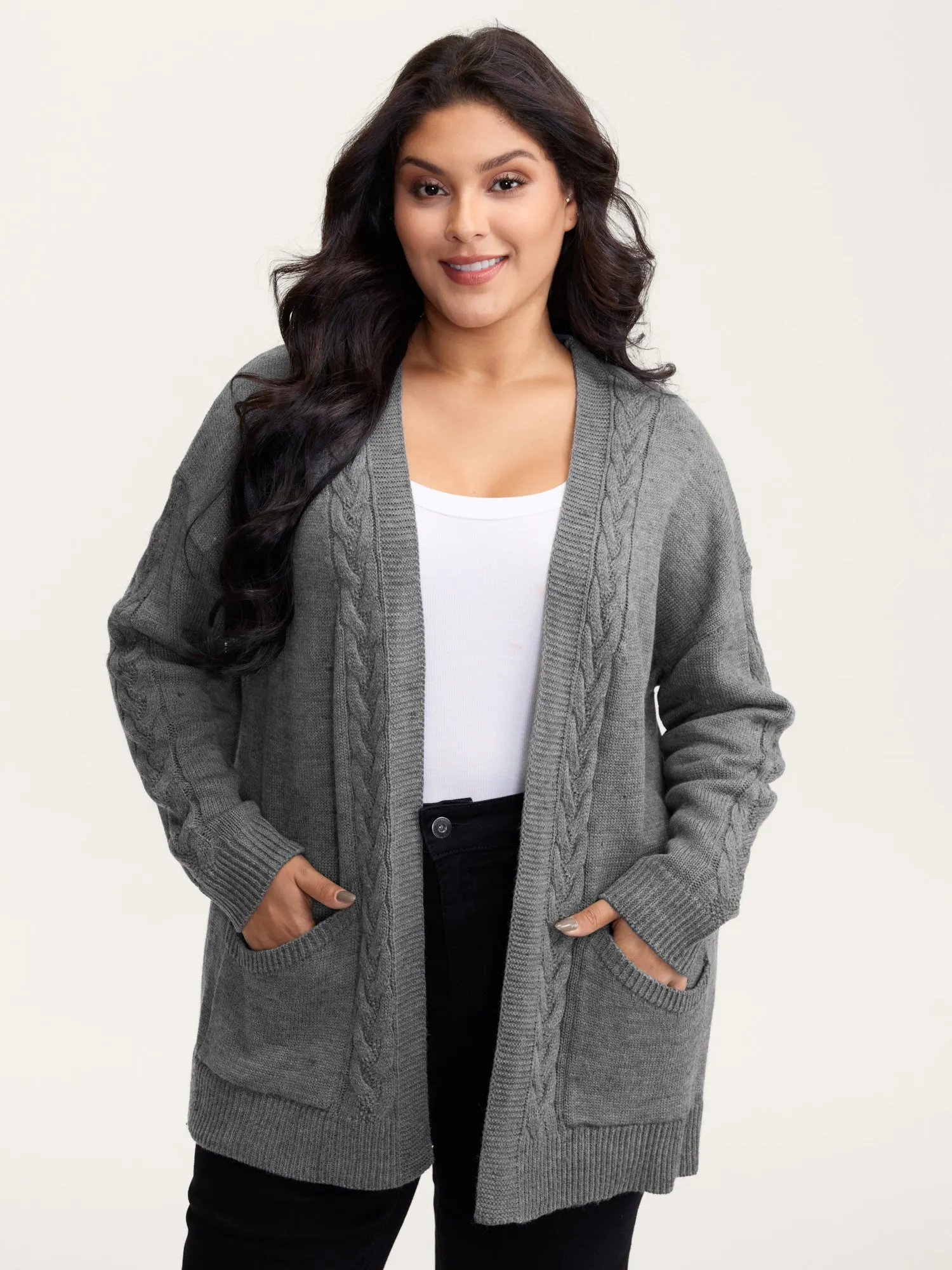 Cable Knit Side Pockets Knit Cardigan sold by Bloomchic