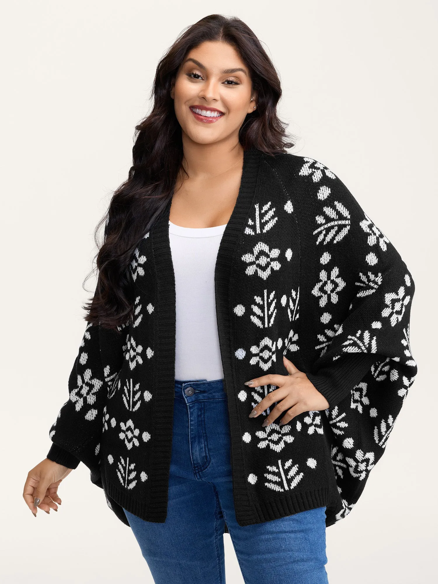 Floral Pattern Cloak-Style Cardigan sold by Bloomchic