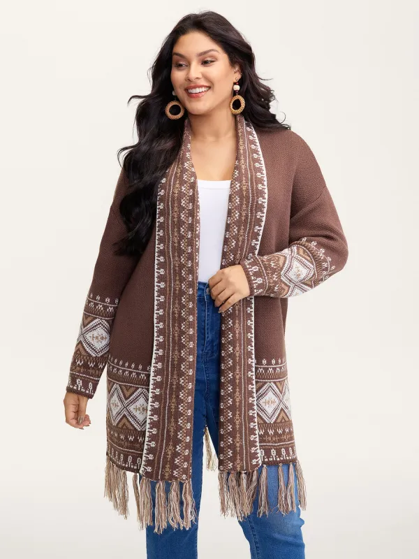 Boho Jacquard Folded Collar Tassels Cardigan sold by Bloomchic