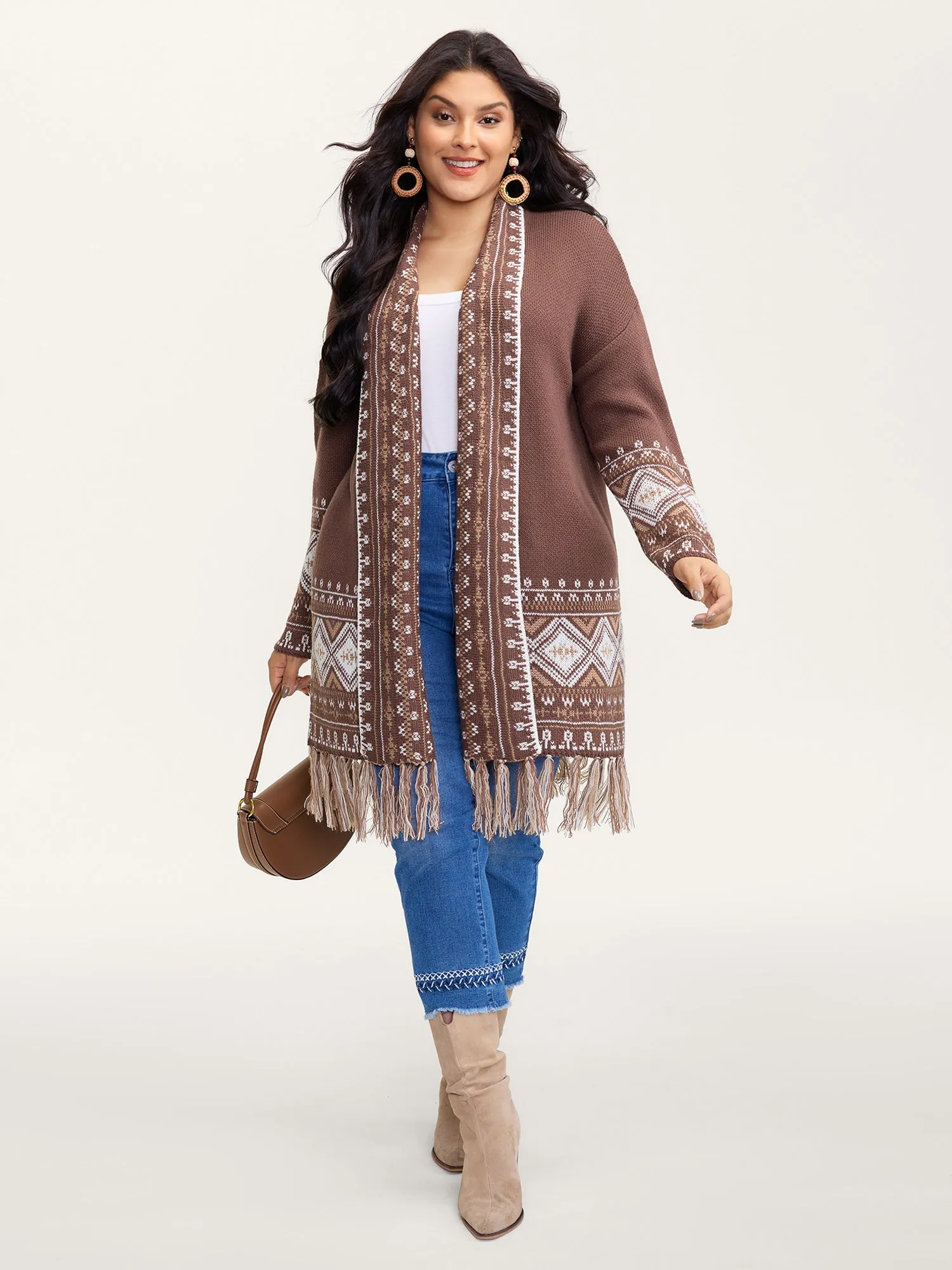 Boho Jacquard Folded Collar Tassels Cardigan sold by Bloomchic product image thumbnail 3