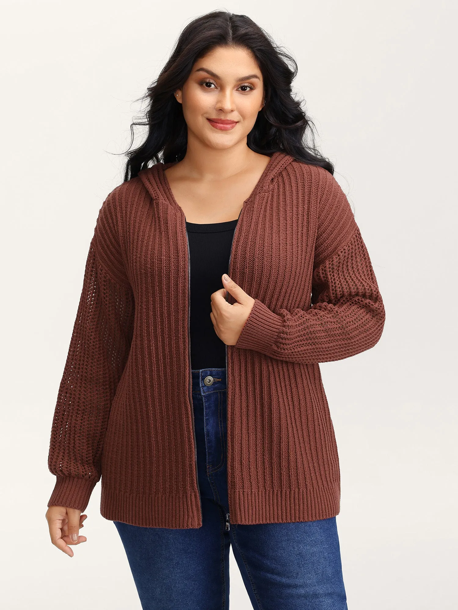 Textured Zipper Front Hooded Knit Cardigan sold by Bloomchic product image thumbnail 4