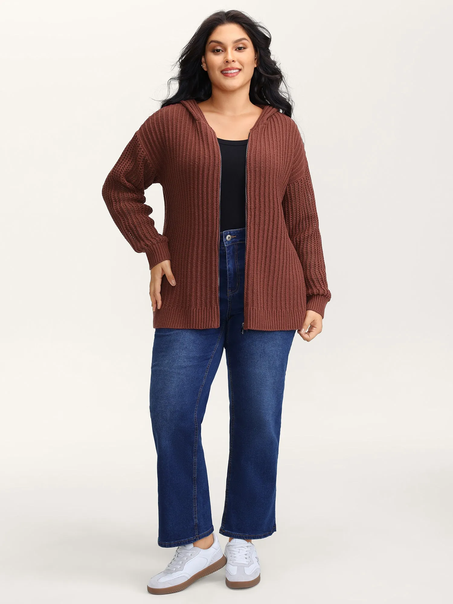 Textured Zipper Front Hooded Knit Cardigan sold by Bloomchic product image thumbnail 3