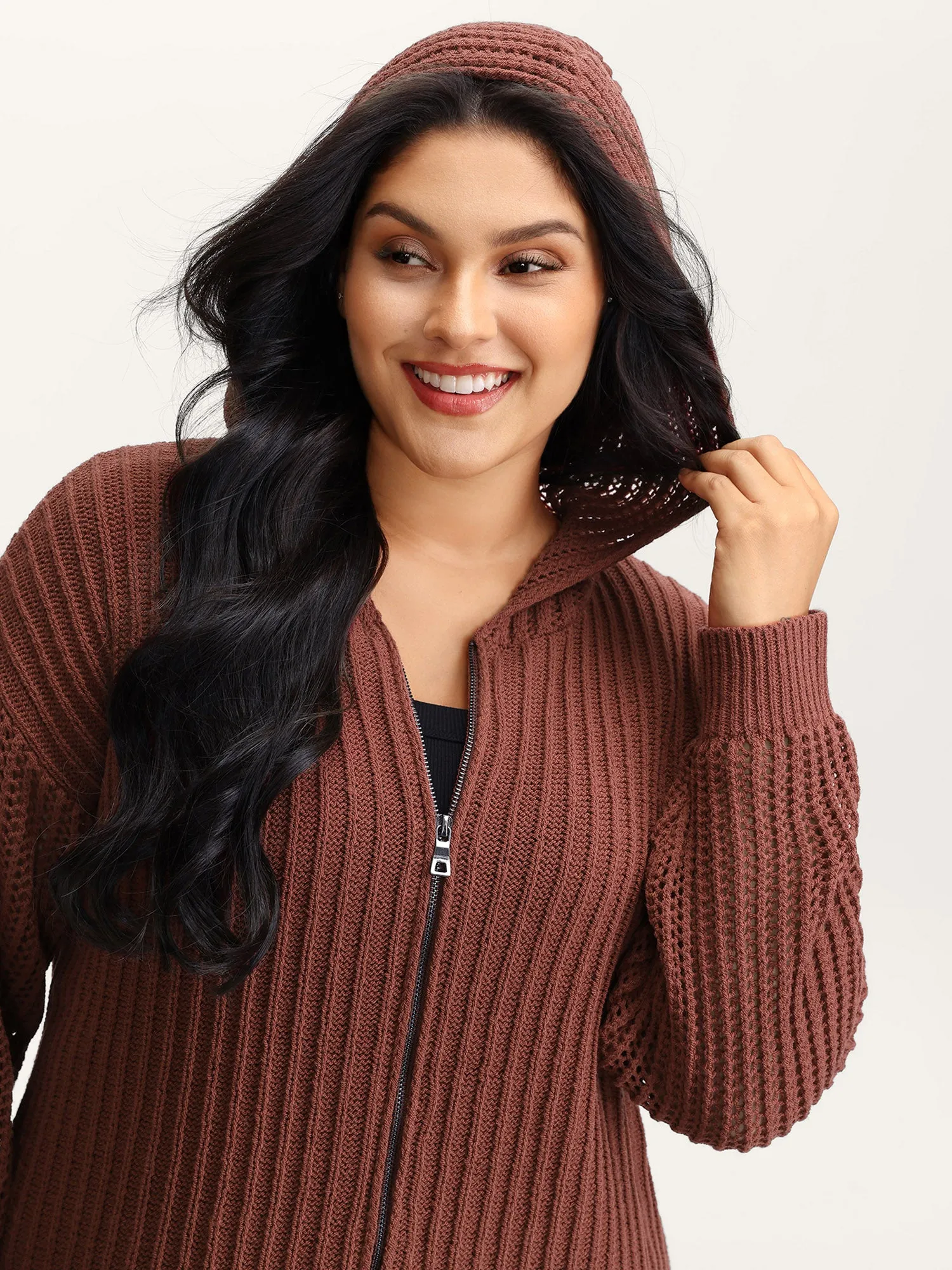 Textured Zipper Front Hooded Knit Cardigan sold by Bloomchic product image thumbnail 2