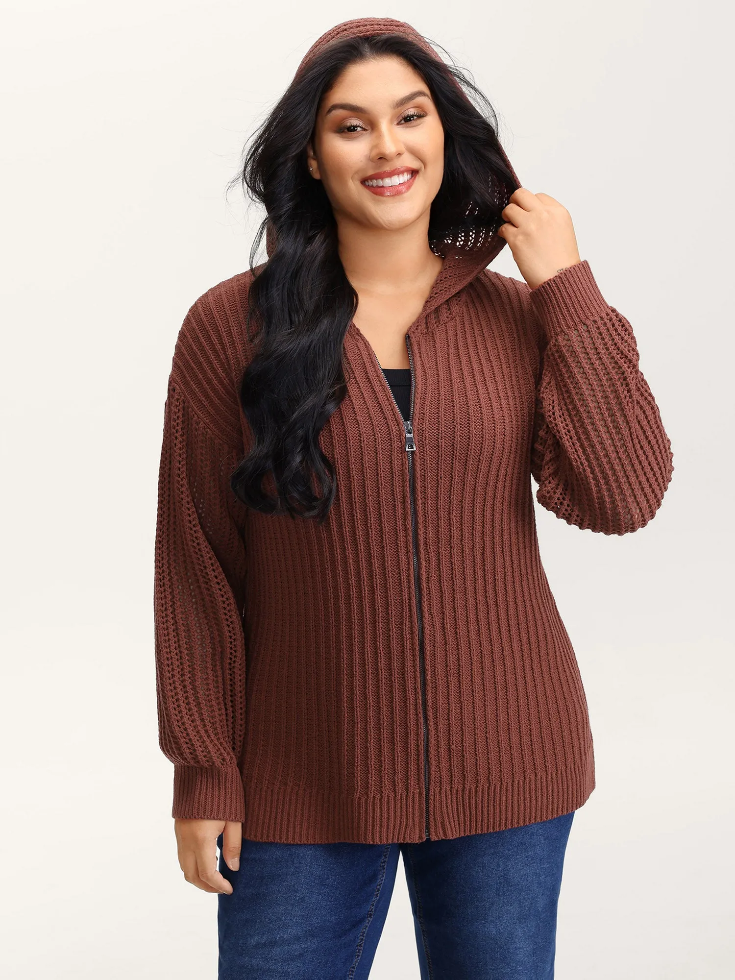 Textured Zipper Front Hooded Knit Cardigan sold by Bloomchic