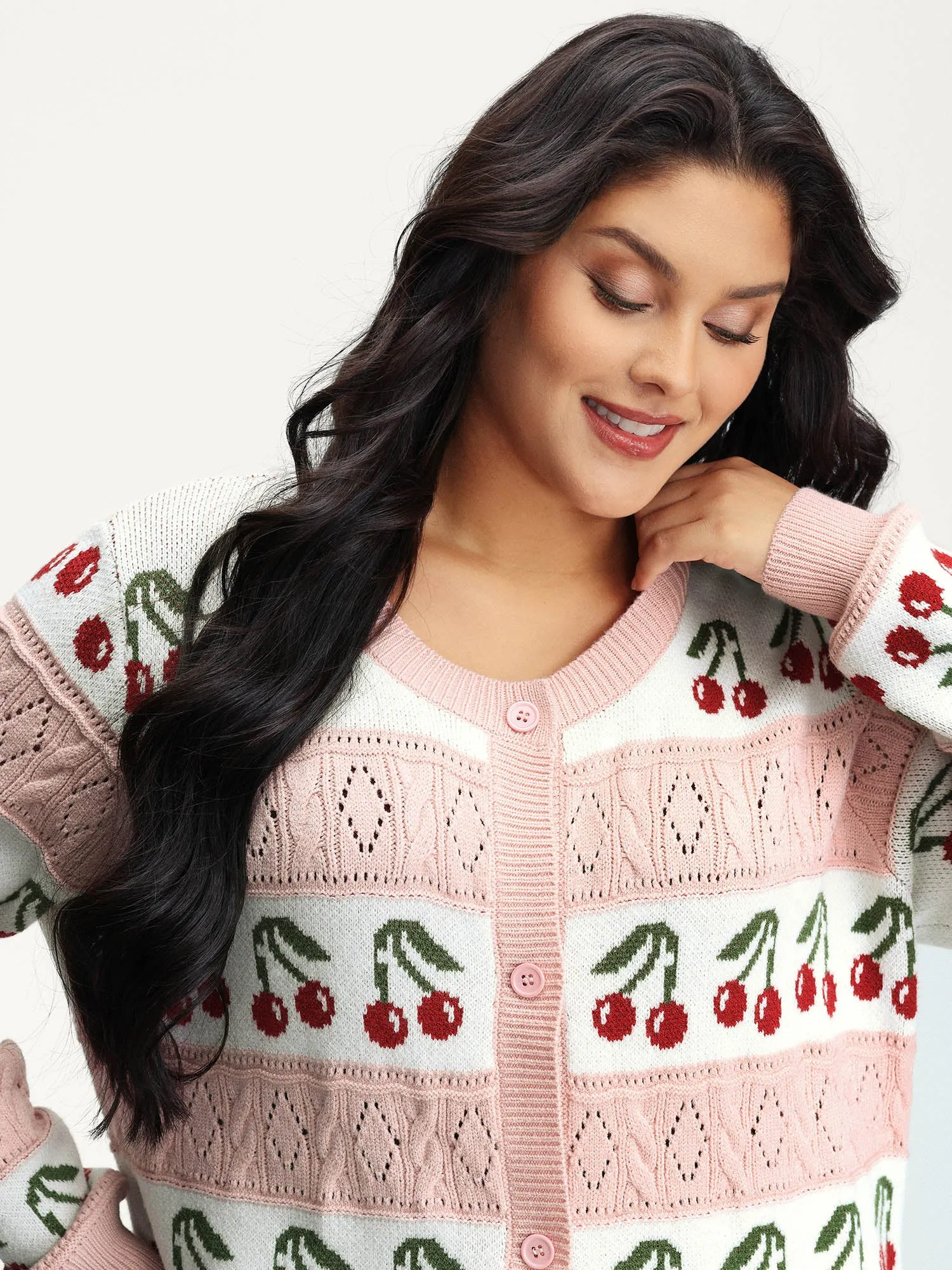 Cherry Jacquard Print Button Knit Cardigan sold by Bloomchic product image thumbnail 2