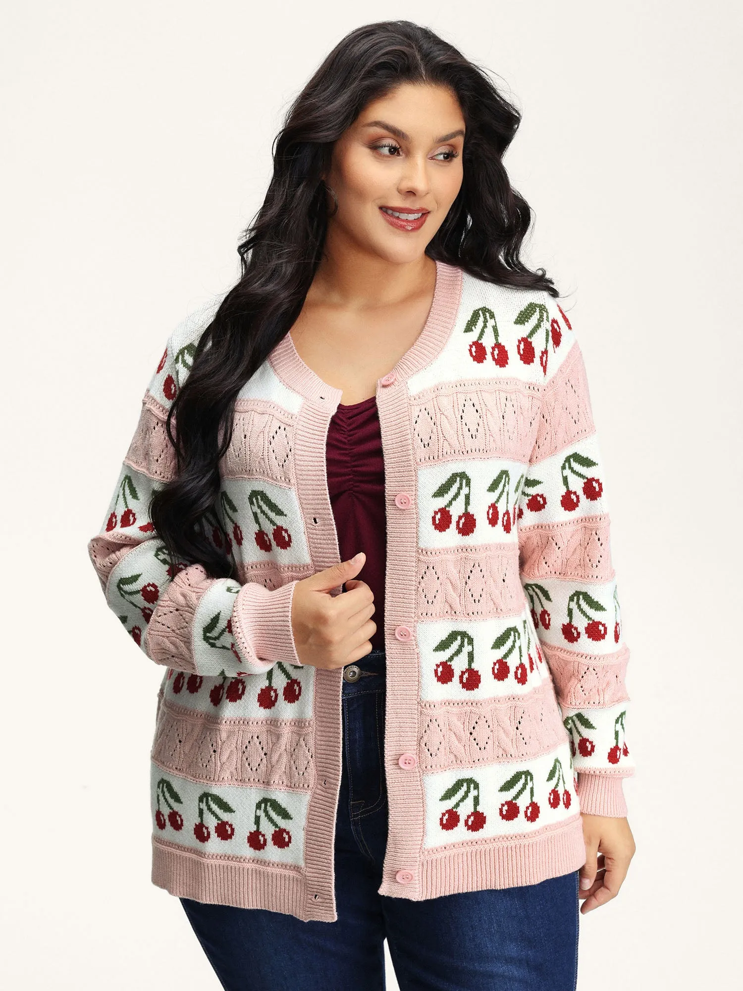 Cherry Jacquard Print Button Knit Cardigan sold by Bloomchic