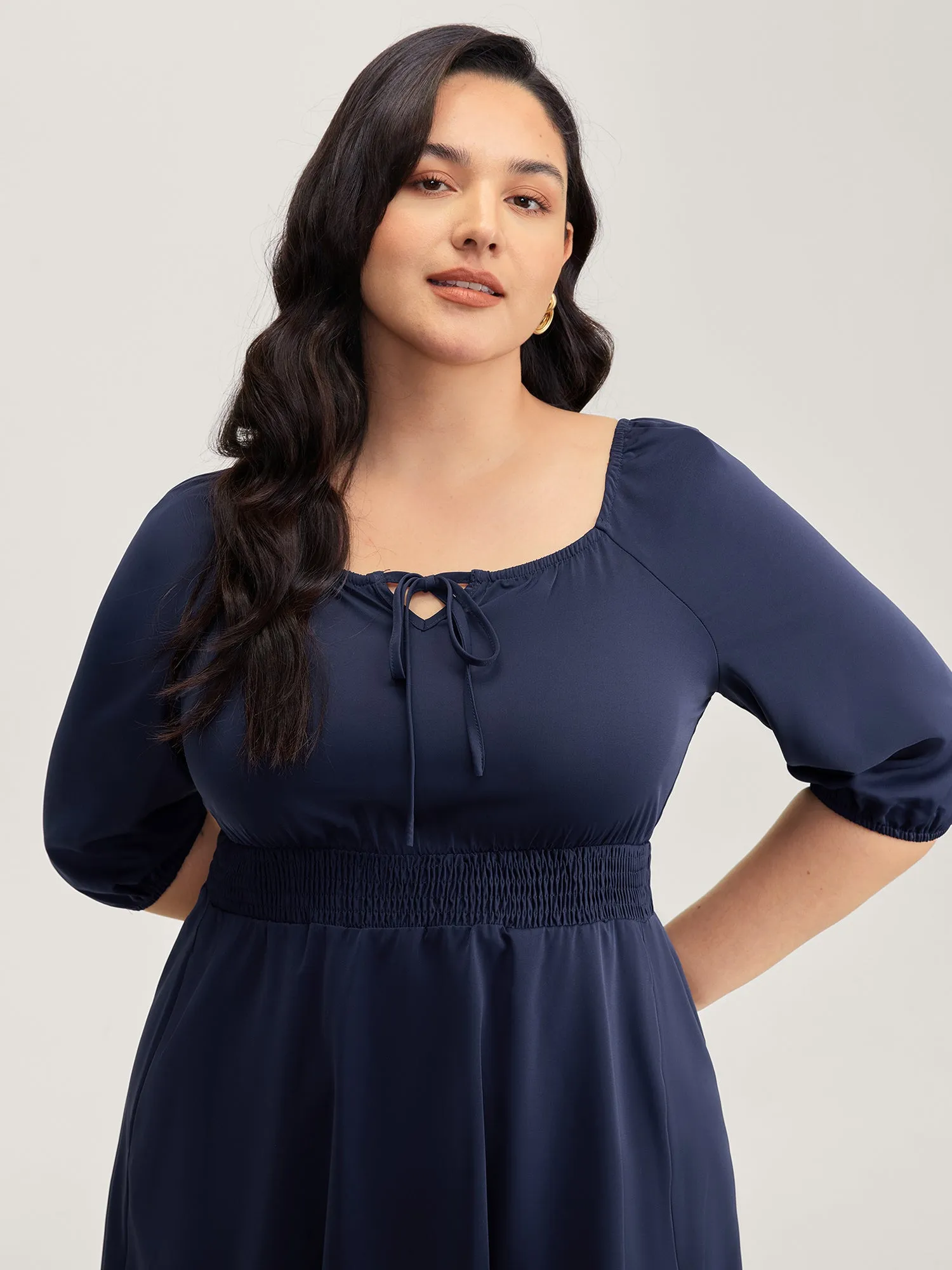 Neck-Tie Lantern Sleeve Shirred Midi Dress sold by Bloomchic product image thumbnail 2