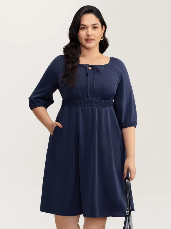 Neck-Tie Lantern Sleeve Shirred Midi Dress sold by Bloomchic