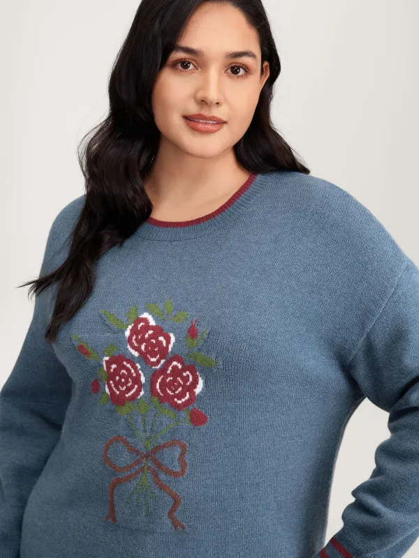 Supersoft Rosy Motif Contrast Round Neck Pullover sold by Bloomchic