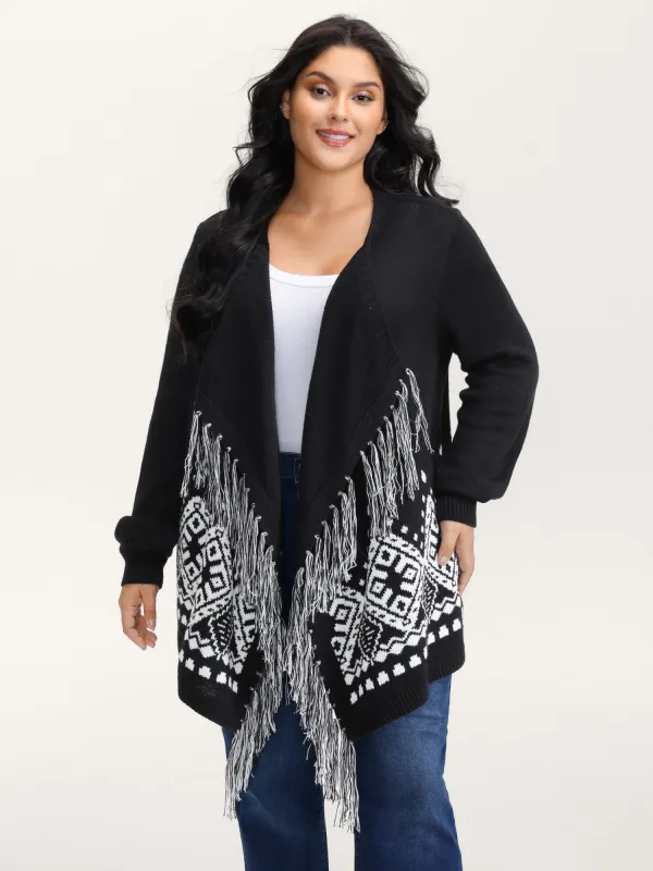 Geometrical Print Tassels Knit Cardigan sold by Bloomchic
