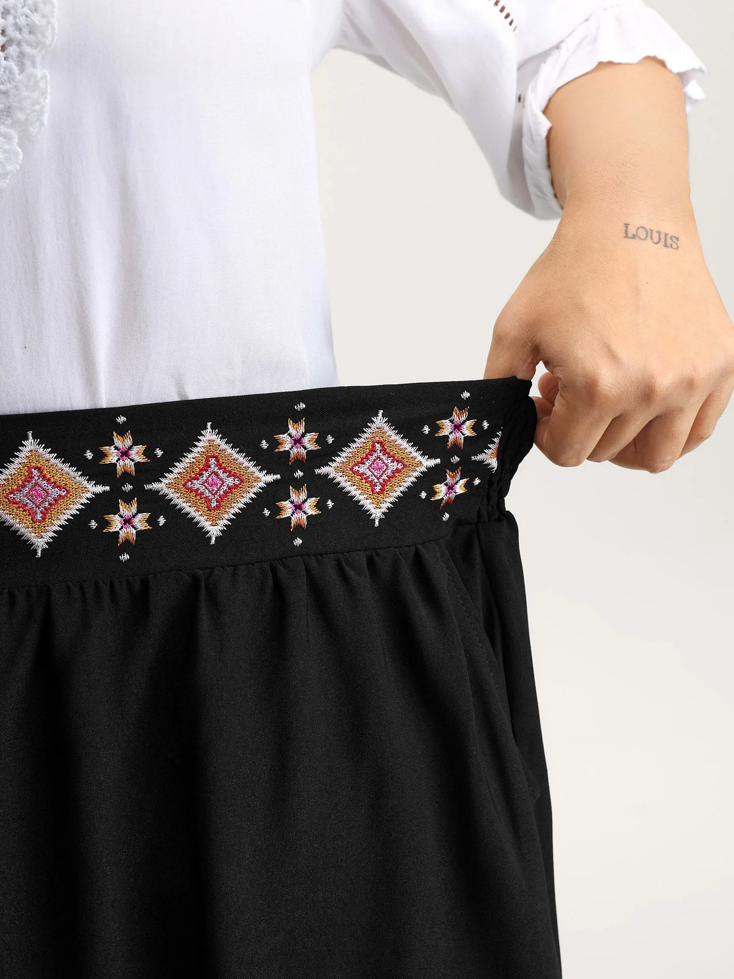 Boho Embroidered Wide Waistband Tiered Maxi Skirt sold by Bloomchic product image thumbnail 4
