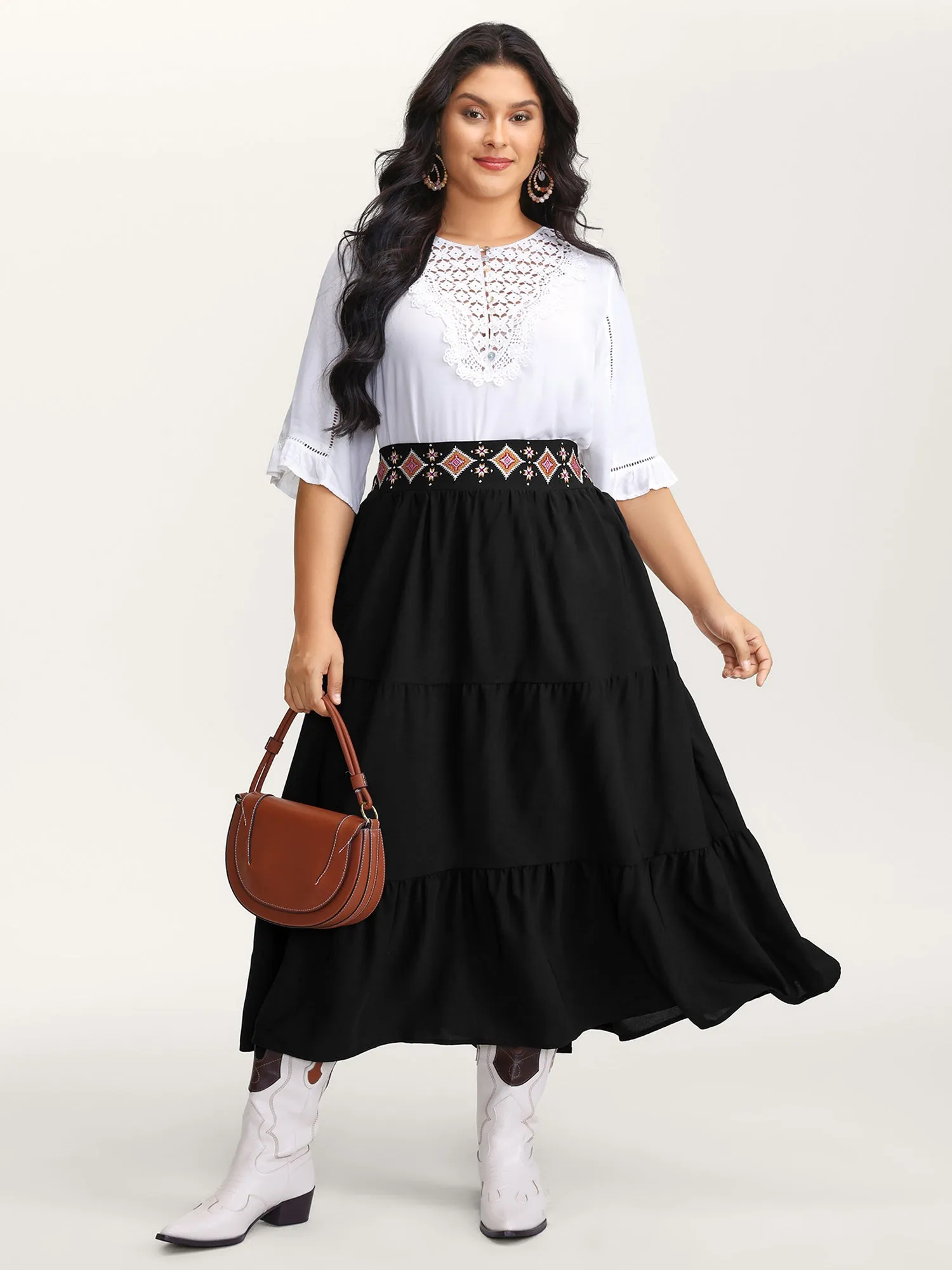 Boho Embroidered Wide Waistband Tiered Maxi Skirt sold by Bloomchic