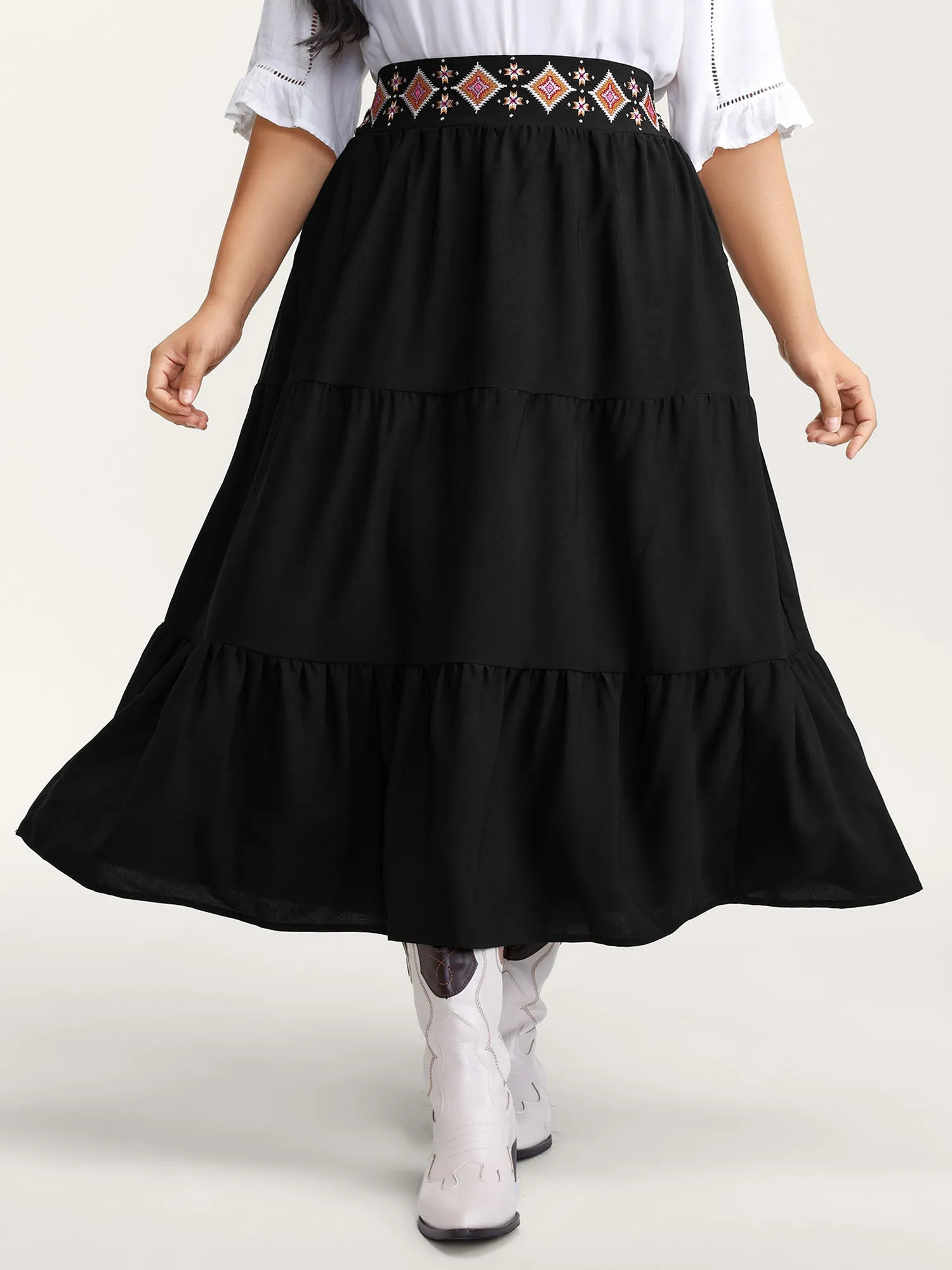 Boho Embroidered Wide Waistband Tiered Maxi Skirt sold by Bloomchic product image thumbnail 2