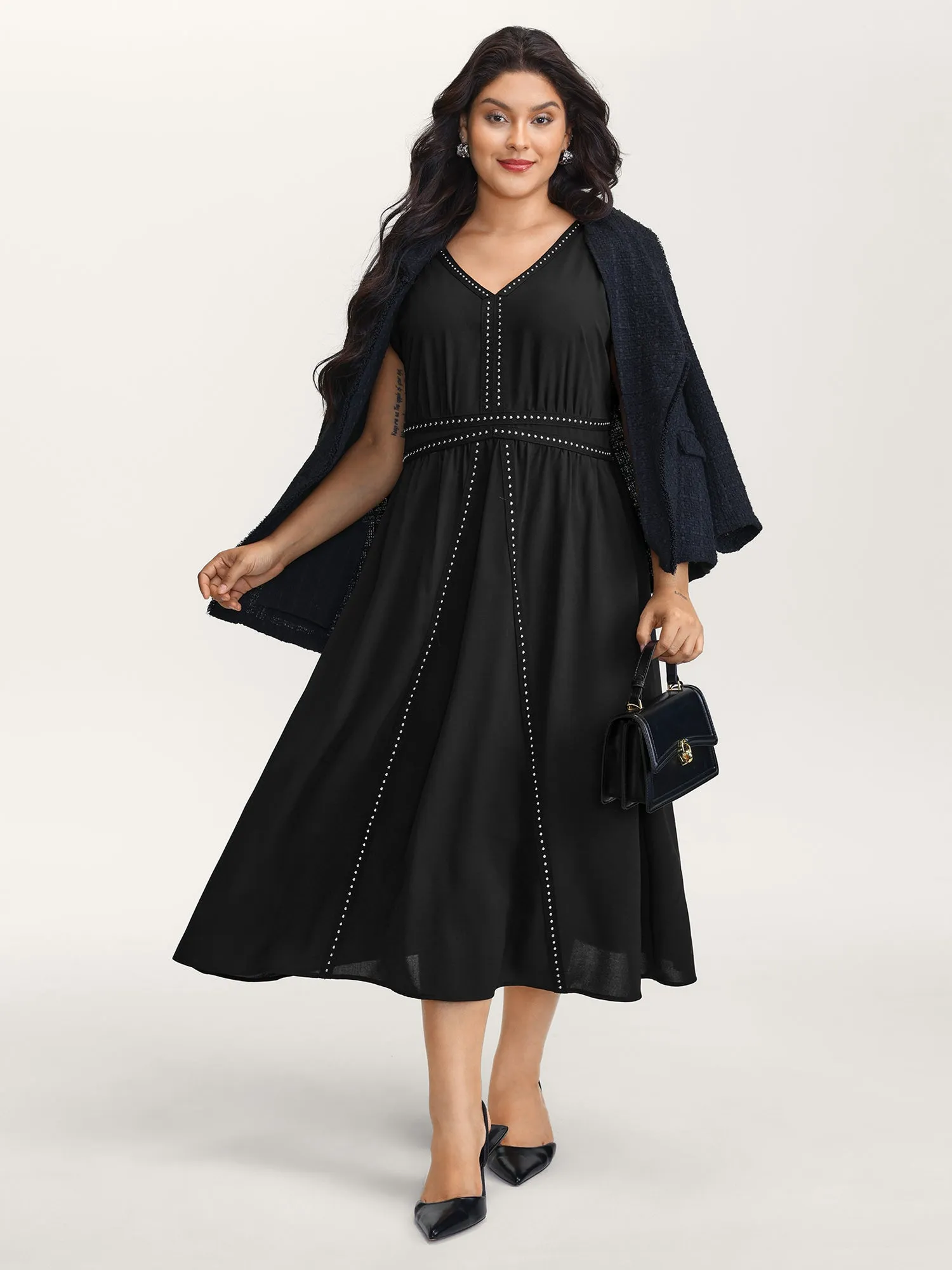 Shirred Side Pockets V-Neck Midi Dress sold by Bloomchic product image thumbnail 3