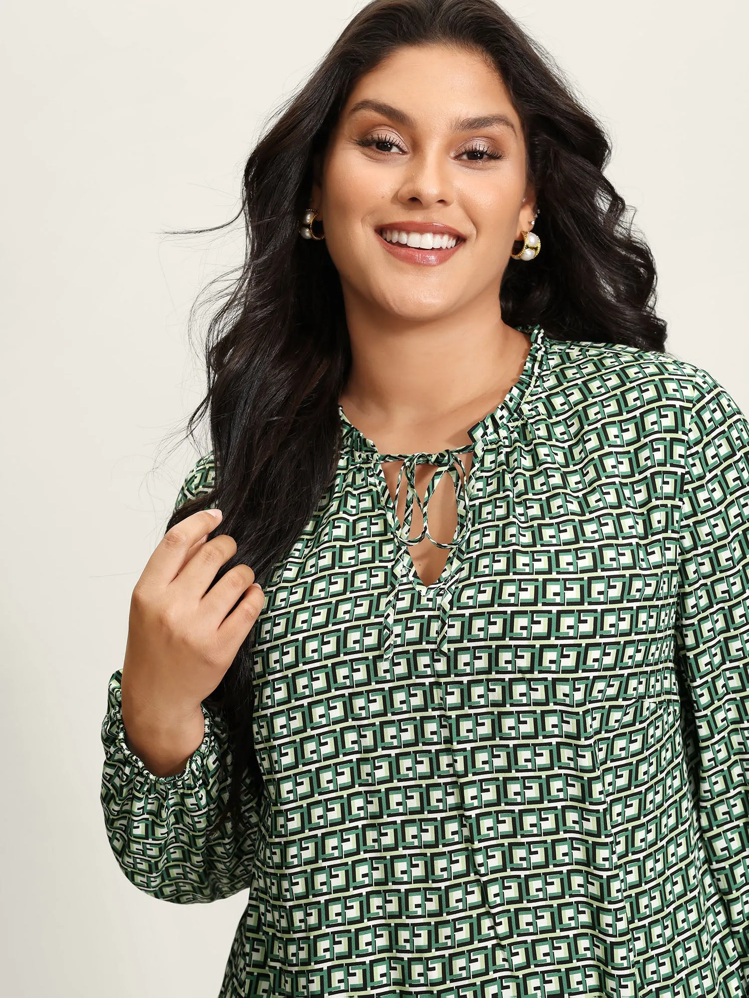 Geometric Print Neck-Tie Relaxed-Fit Blouse sold by Bloomchic product image thumbnail 2