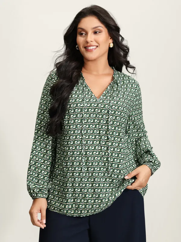 Geometric Print Neck-Tie Relaxed-Fit Blouse sold by Bloomchic