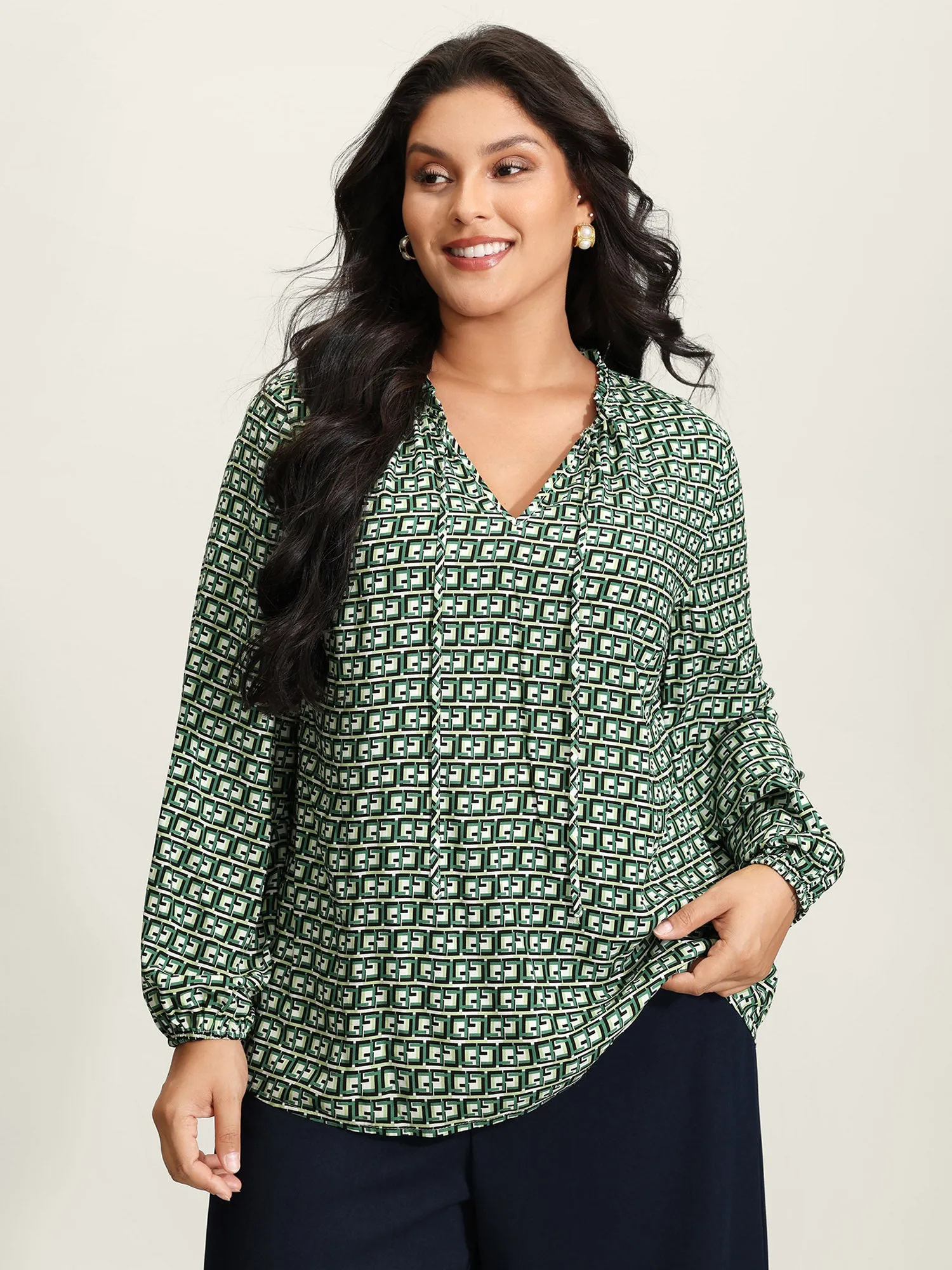Geometric Print Neck-Tie Relaxed-Fit Blouse sold by Bloomchic