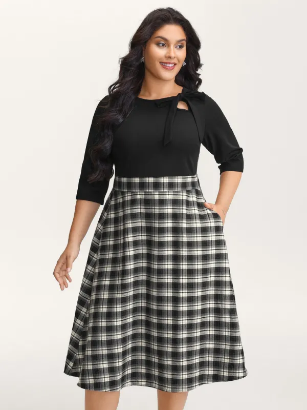 Checkered Print Bow Tie Contrast Midi Dress sold by Bloomchic