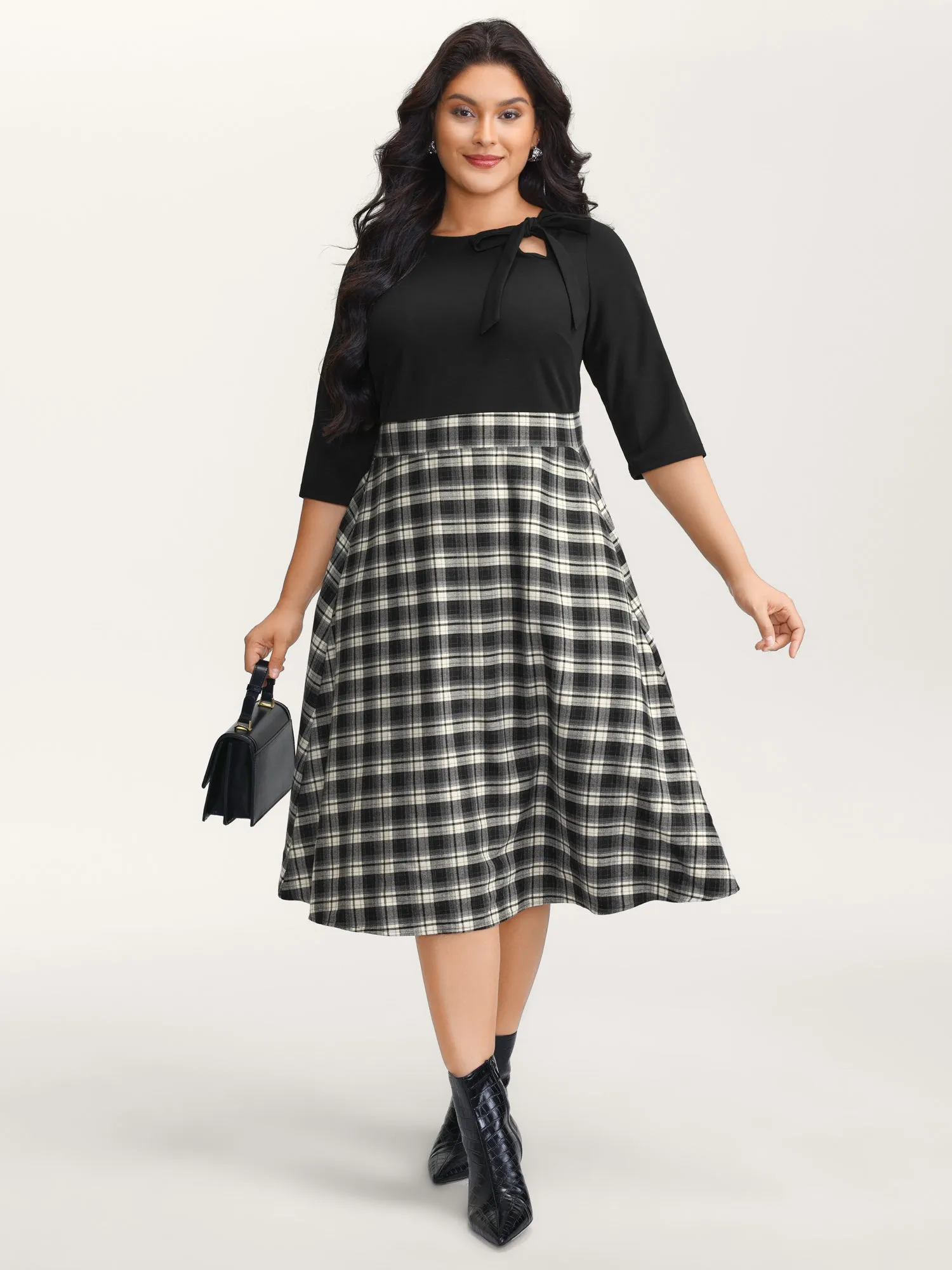 Checkered Print Bow Tie Contrast Midi Dress sold by Bloomchic product image thumbnail 3