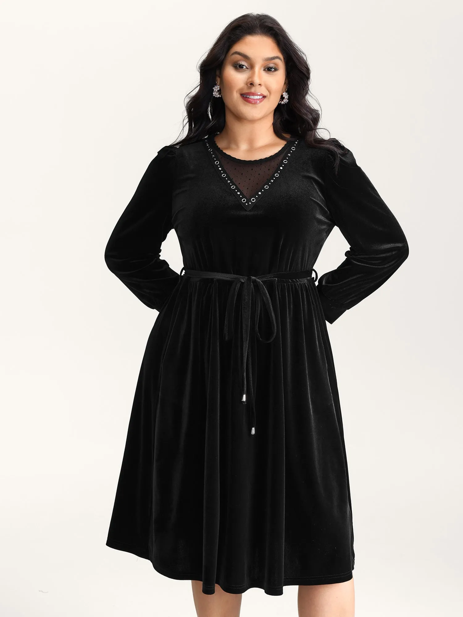Velvet Sheer Neckline Belted Waist Maxi Dress sold by Bloomchic