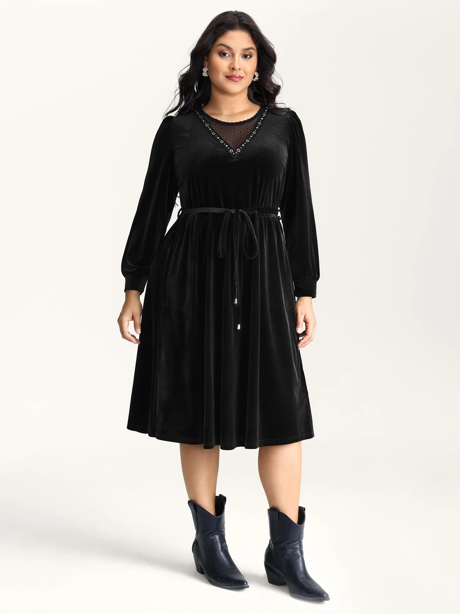 Velvet Sheer Neckline Belted Waist Maxi Dress sold by Bloomchic product image thumbnail 4