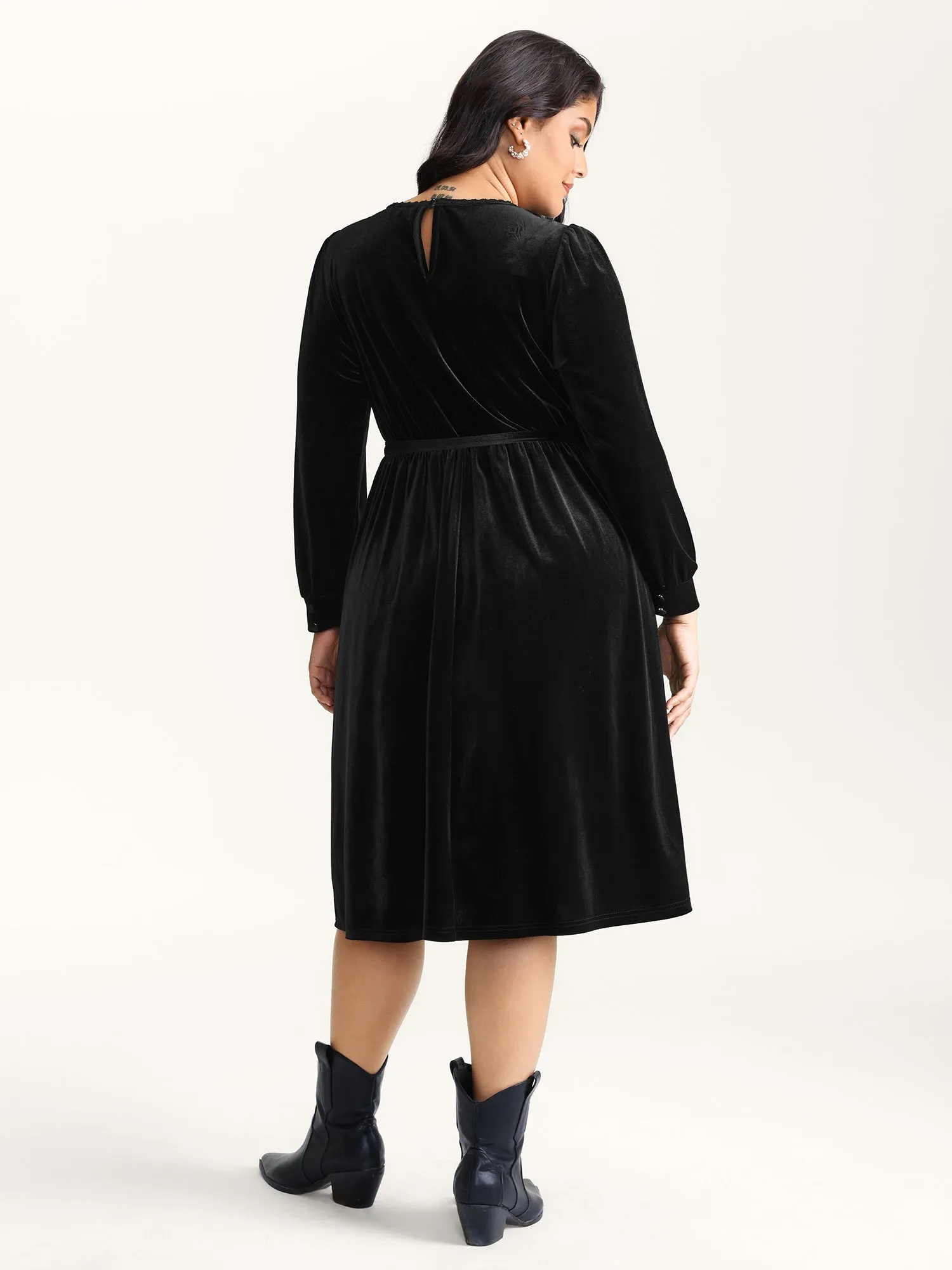 Velvet Sheer Neckline Belted Waist Maxi Dress sold by Bloomchic product image thumbnail 5