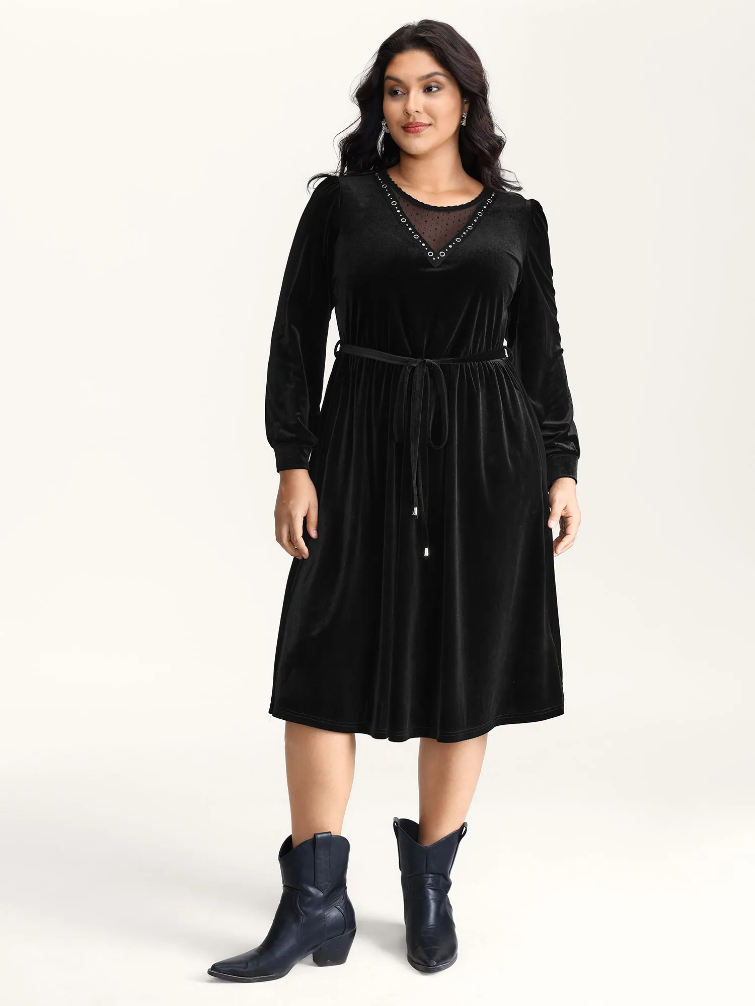 Velvet Sheer Neckline Belted Waist Maxi Dress sold by Bloomchic product image thumbnail 3