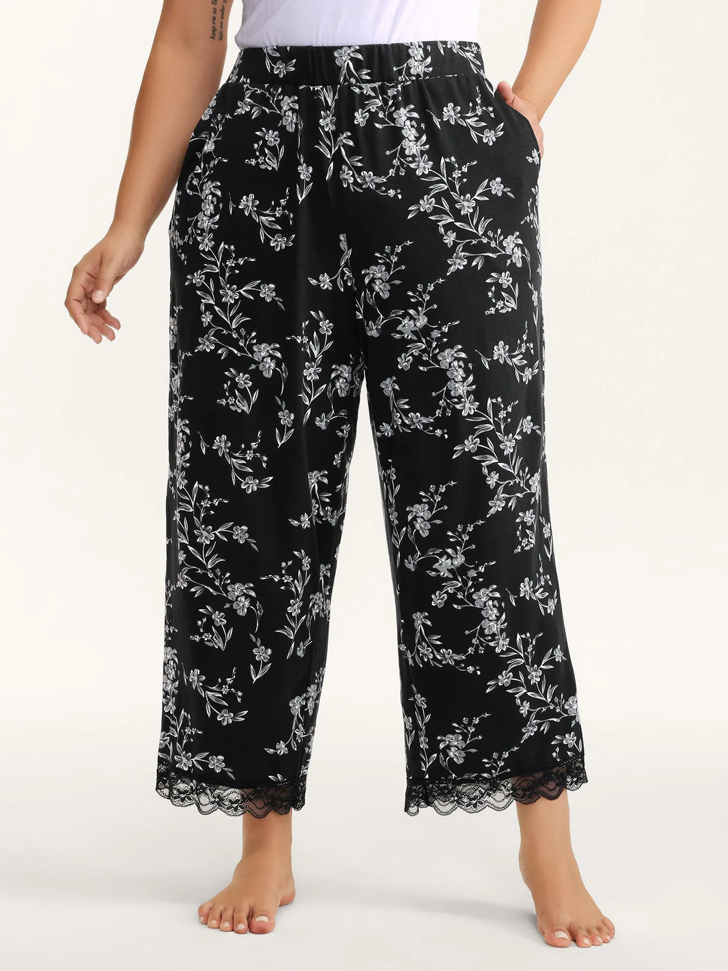 Romantic Floral Print Lace Lounge Bottoms sold by Bloomchic