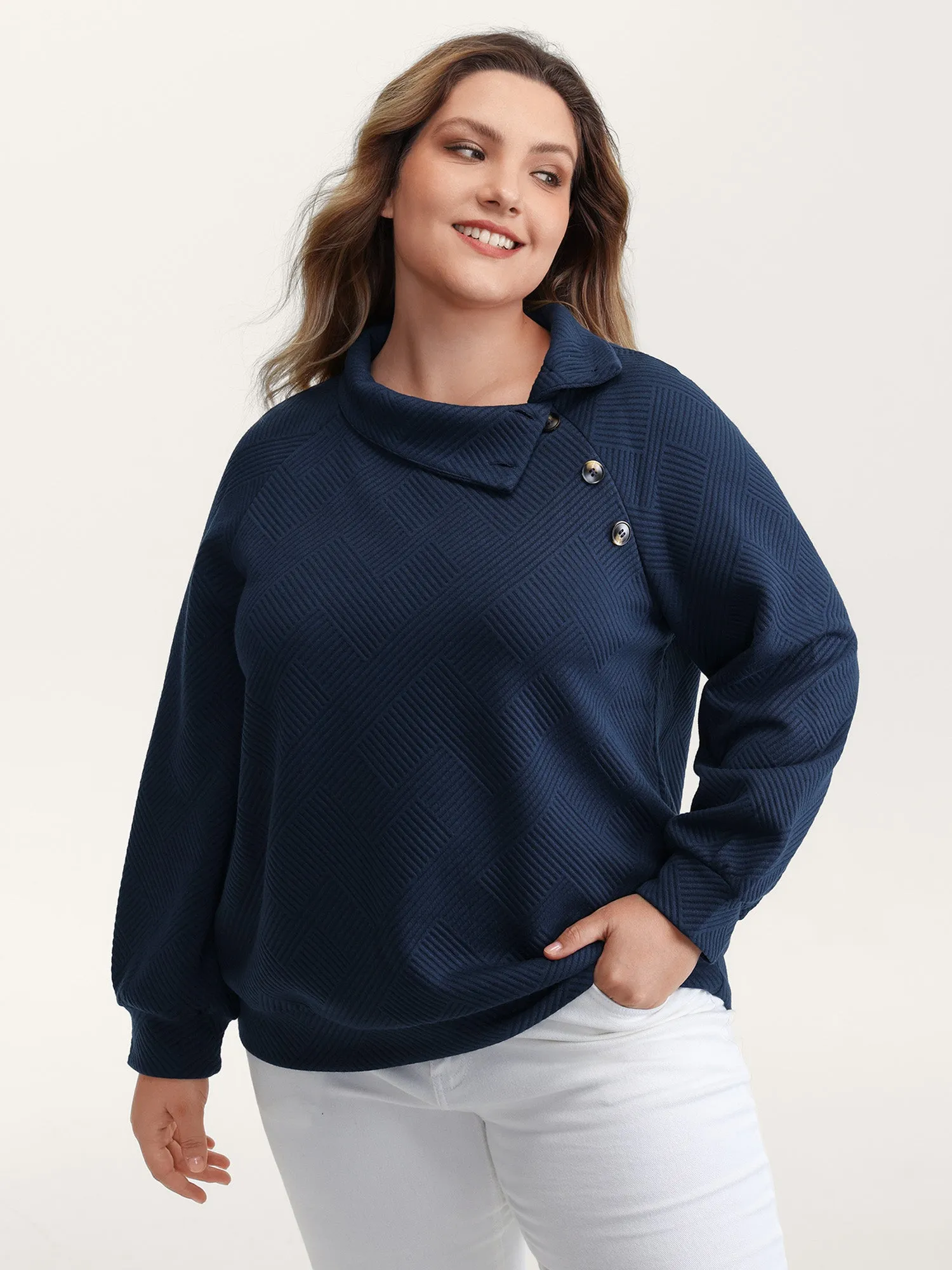 Textured Folded Collar Button Sweatshirt sold by Bloomchic