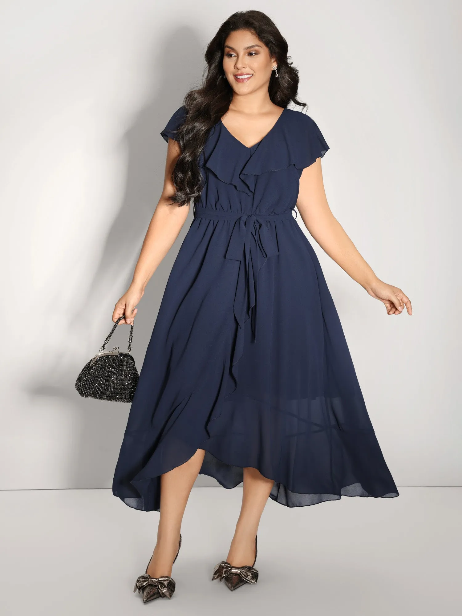 Belted Waist High Low Hem Midi Dress sold by Bloomchic