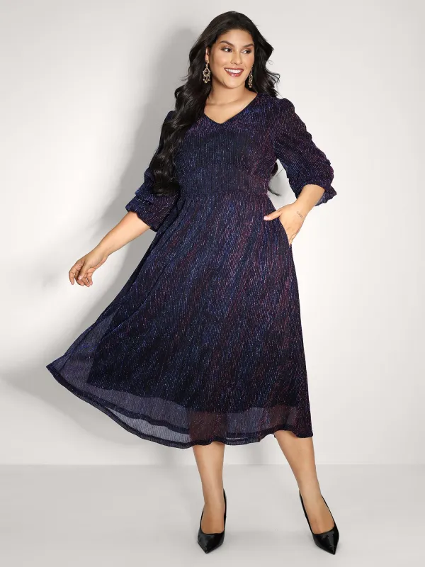 Phantom Silk Stretchy Shirred Waist Midi Dress sold by Bloomchic