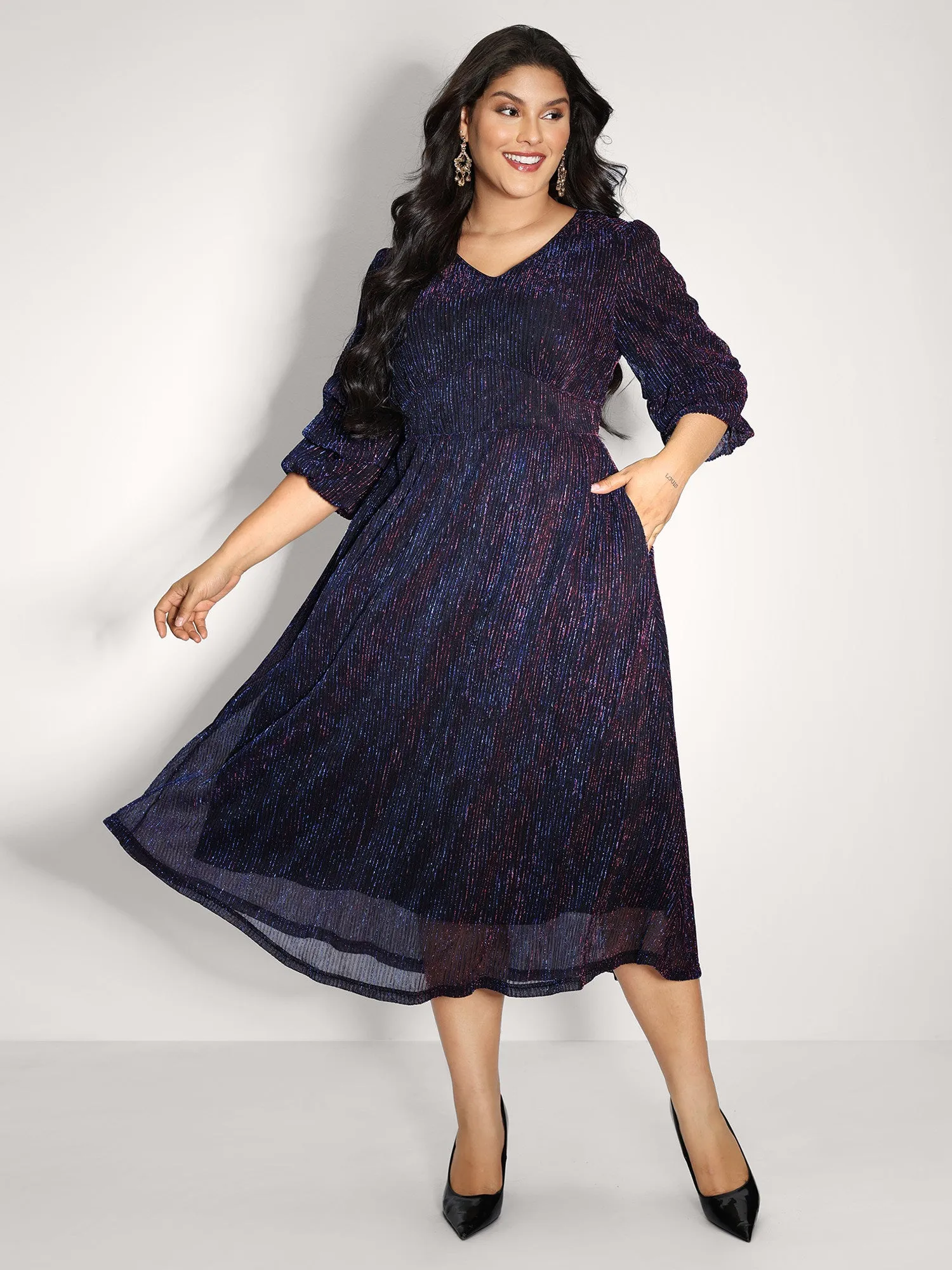 Phantom Silk Stretchy Shirred Waist Midi Dress sold by Bloomchic