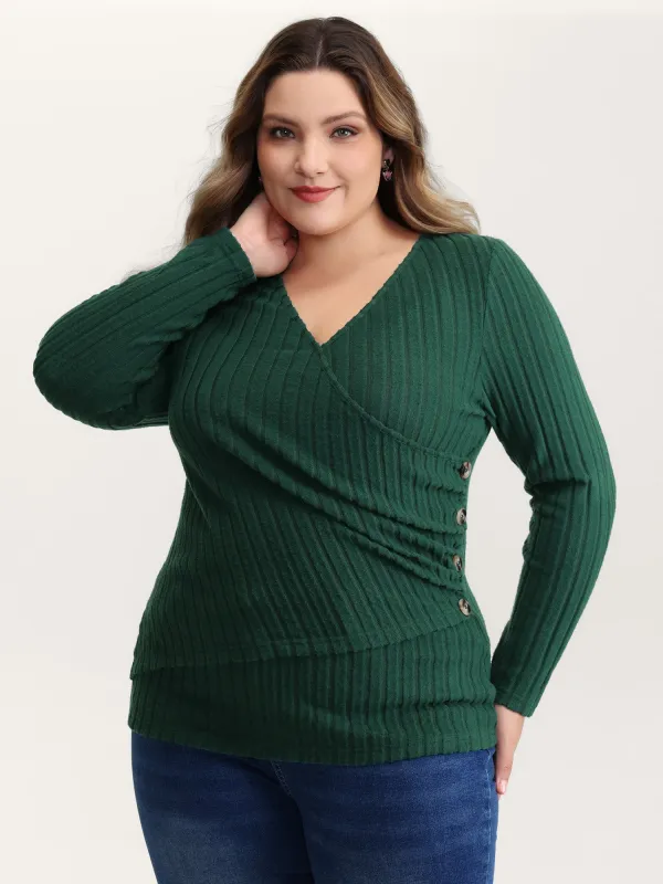 Textured Wrap Button Detail Knit Top sold by Bloomchic