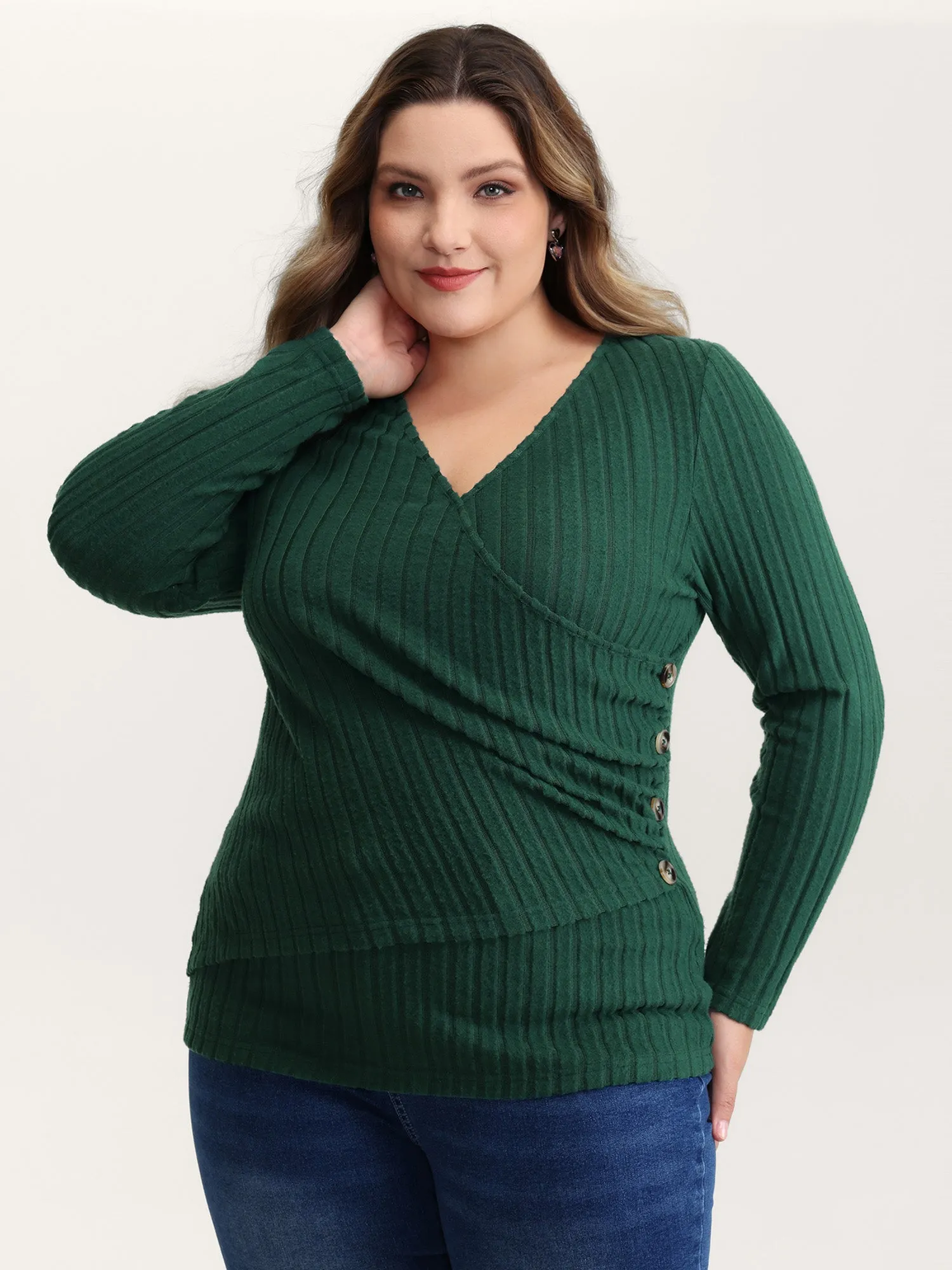 Textured Wrap Button Detail Knit Top sold by Bloomchic