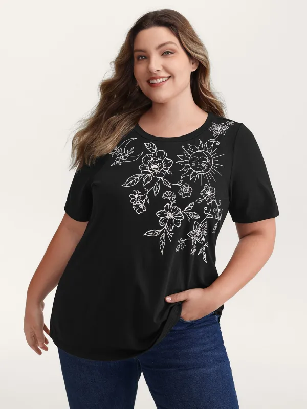 Floral Print Stretchy Round Neck T-Shirt sold by Bloomchic