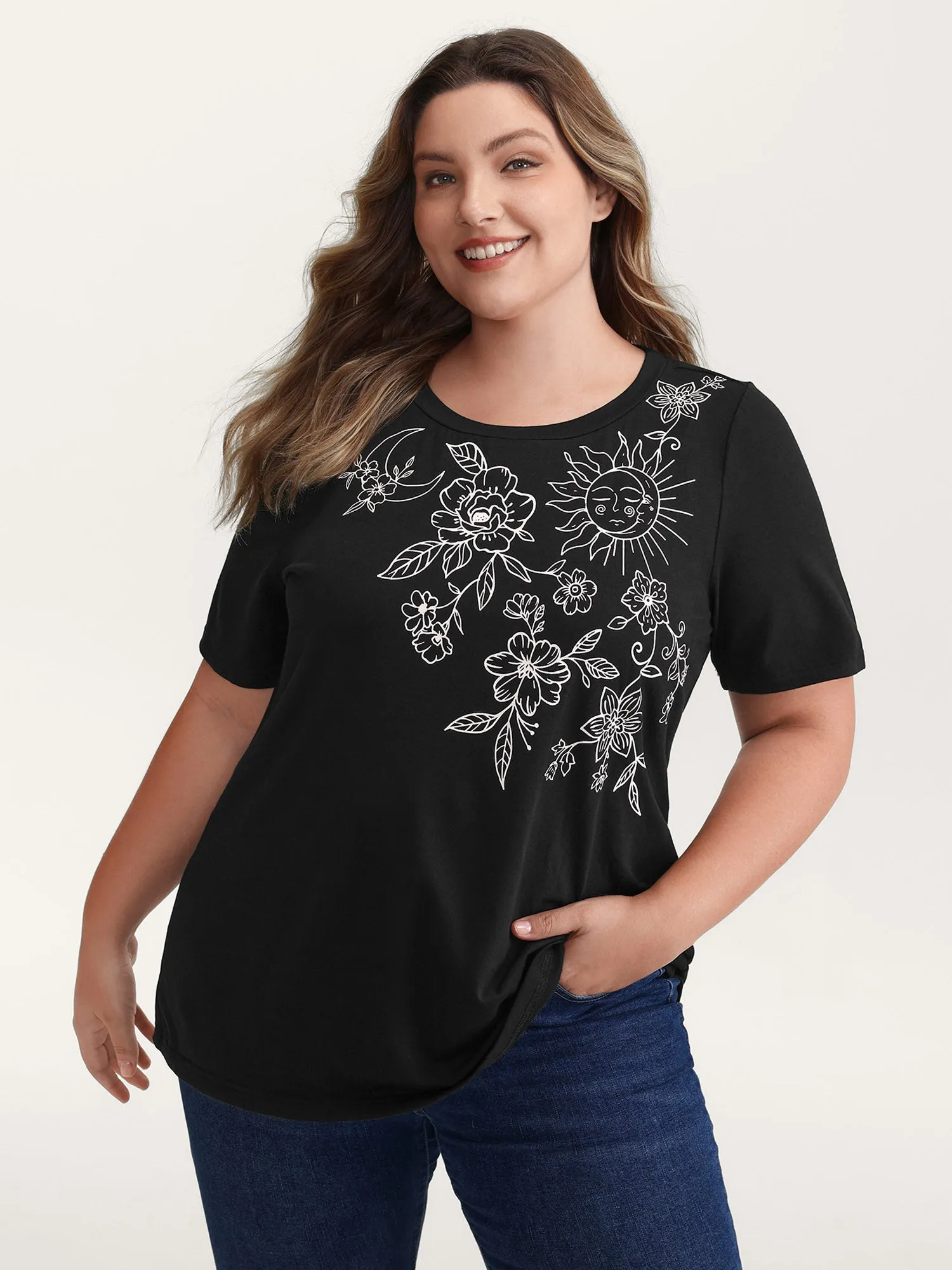 Floral Print Stretchy Round Neck T-Shirt sold by Bloomchic
