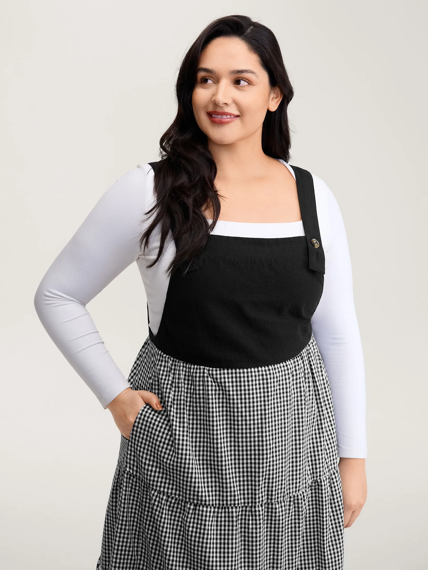 Cotton Gingham Patchwork Overall Strap Midi Dress sold by Bloomchic product image thumbnail 2