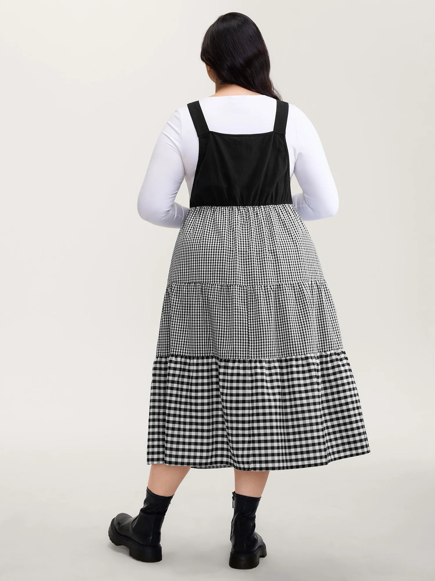 Cotton Gingham Patchwork Overall Strap Midi Dress sold by Bloomchic product image thumbnail 4