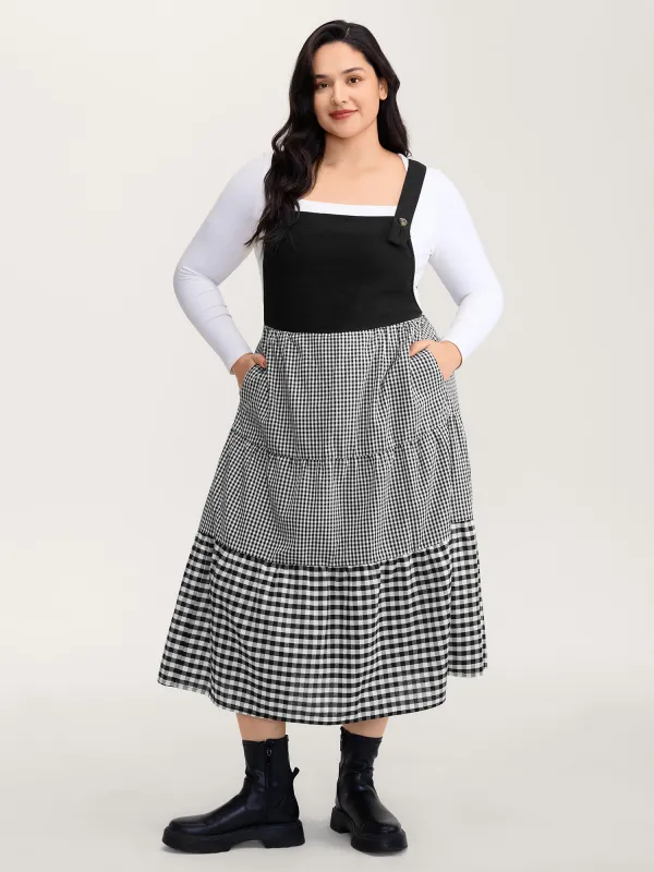 Cotton Gingham Patchwork Overall Strap Midi Dress sold by Bloomchic