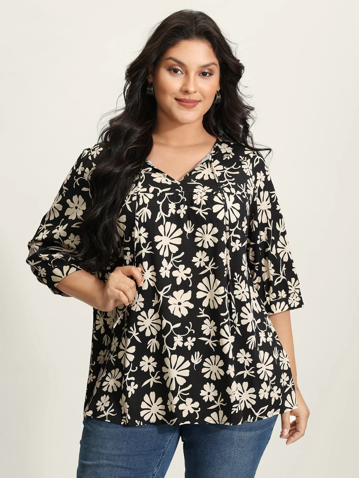 Floral Sleeve Neck-Tie A-Line Blouse sold by Bloomchic