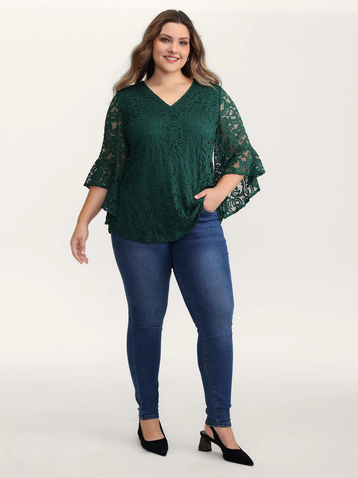 Lace Sheer Flared Sleeve V-Neck Blouse sold by Bloomchic product image thumbnail 3