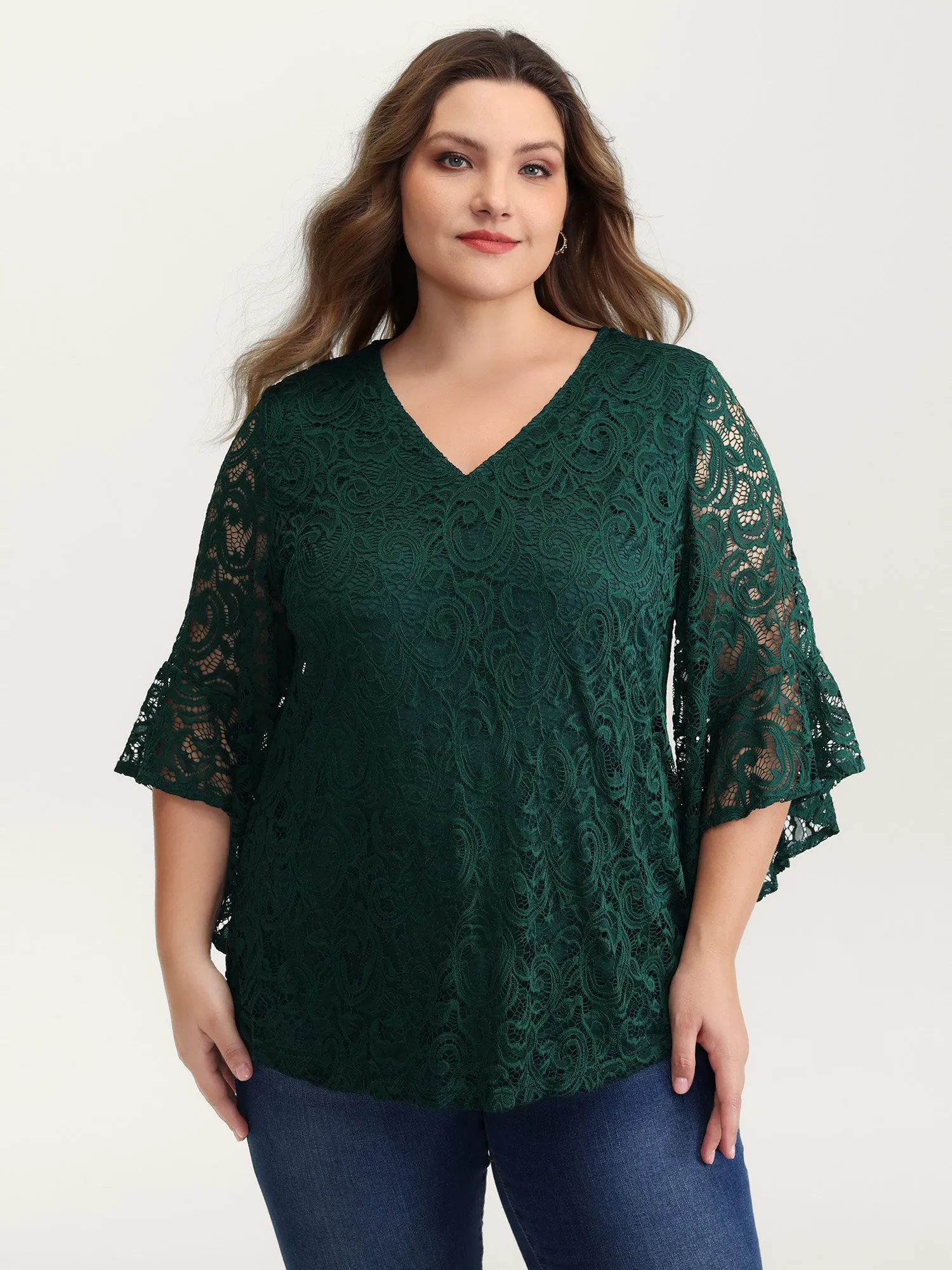 Lace Sheer Flared Sleeve V-Neck Blouse sold by Bloomchic product image thumbnail 2