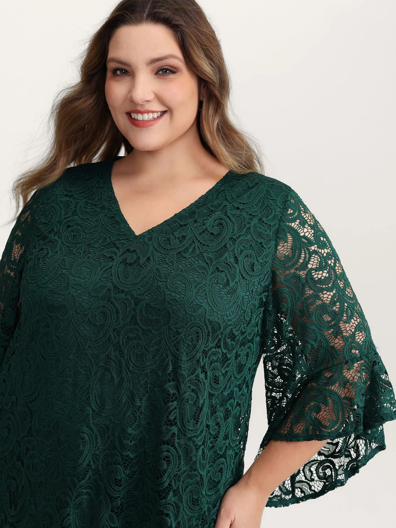 Lace Sheer Flared Sleeve V-Neck Blouse sold by Bloomchic