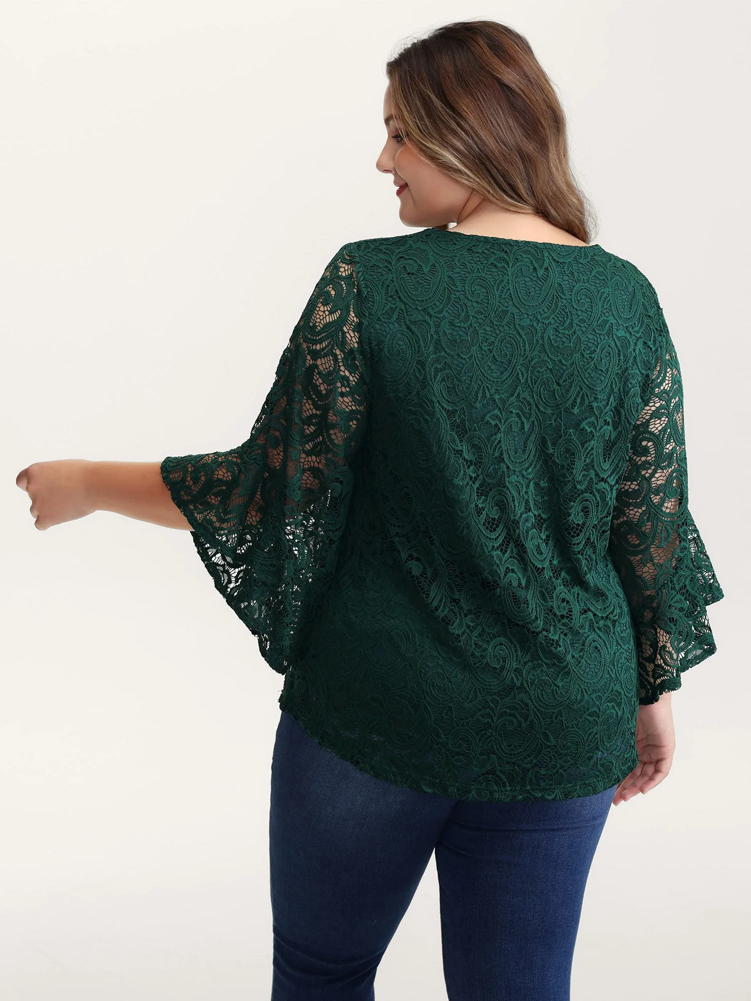 Lace Sheer Flared Sleeve V-Neck Blouse sold by Bloomchic product image thumbnail 4